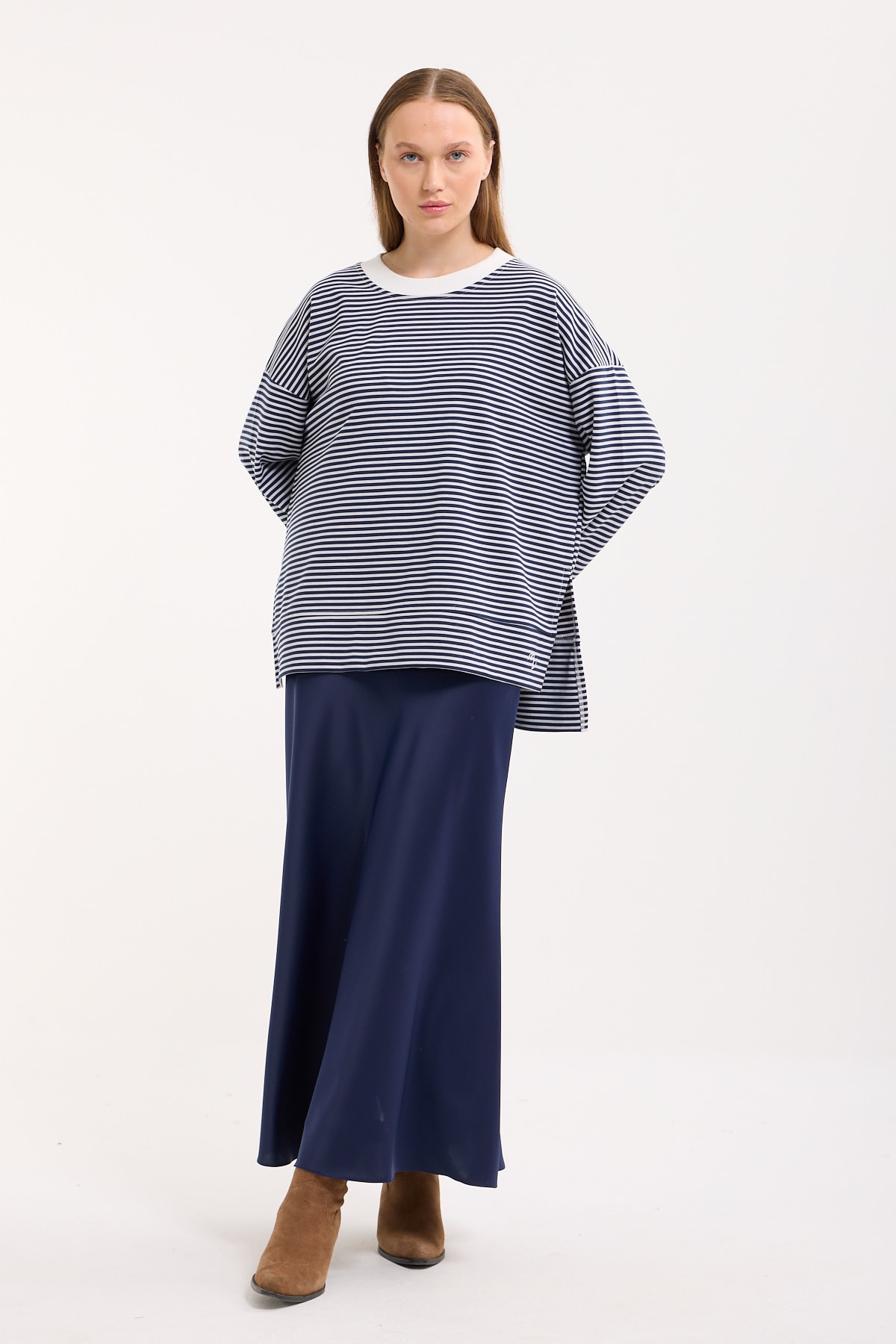 Logolu Çizgili Sweatshirt  - Grey