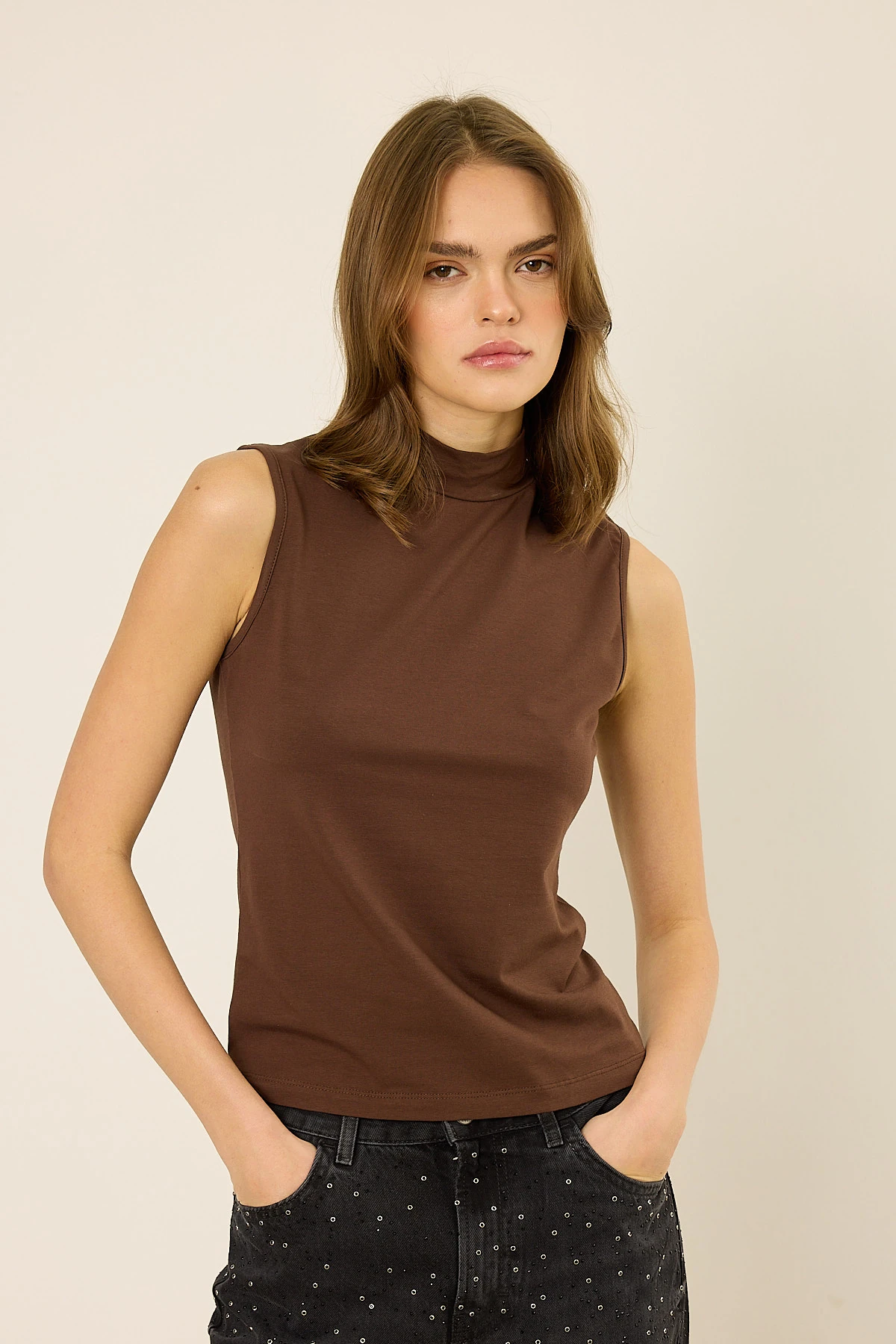 Pamuklu Sıfır Kol Body  - Kahve