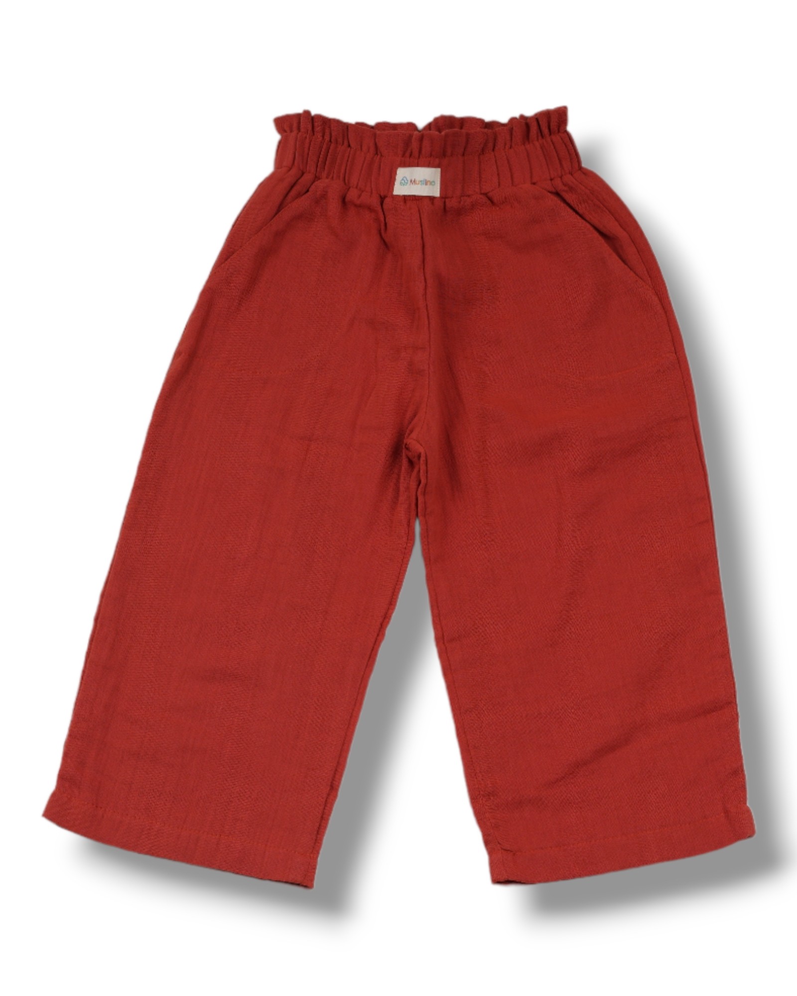 2 Kat Müslin %100 Organik Pamuk Kız Çocuk Pantalon - Beyaz-Kiremit Kırmızısı