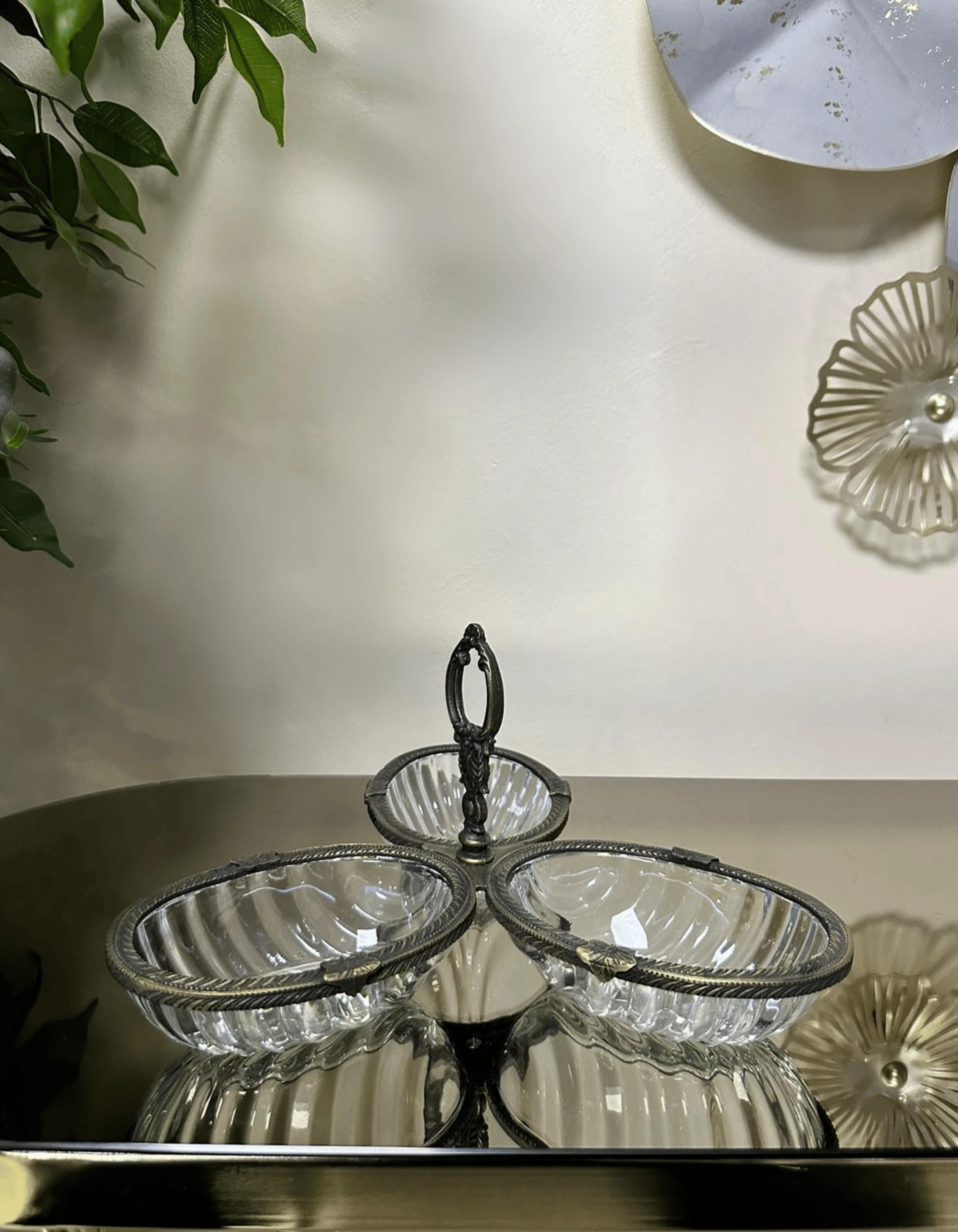 Döküm Metal Çerçeveli Kulplu Cam Sunum 3'lü Çerezlik