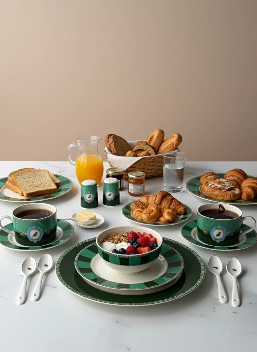 Bird Green 48 Parça 6 Kişilik Porselen Kahvaltı Takımı