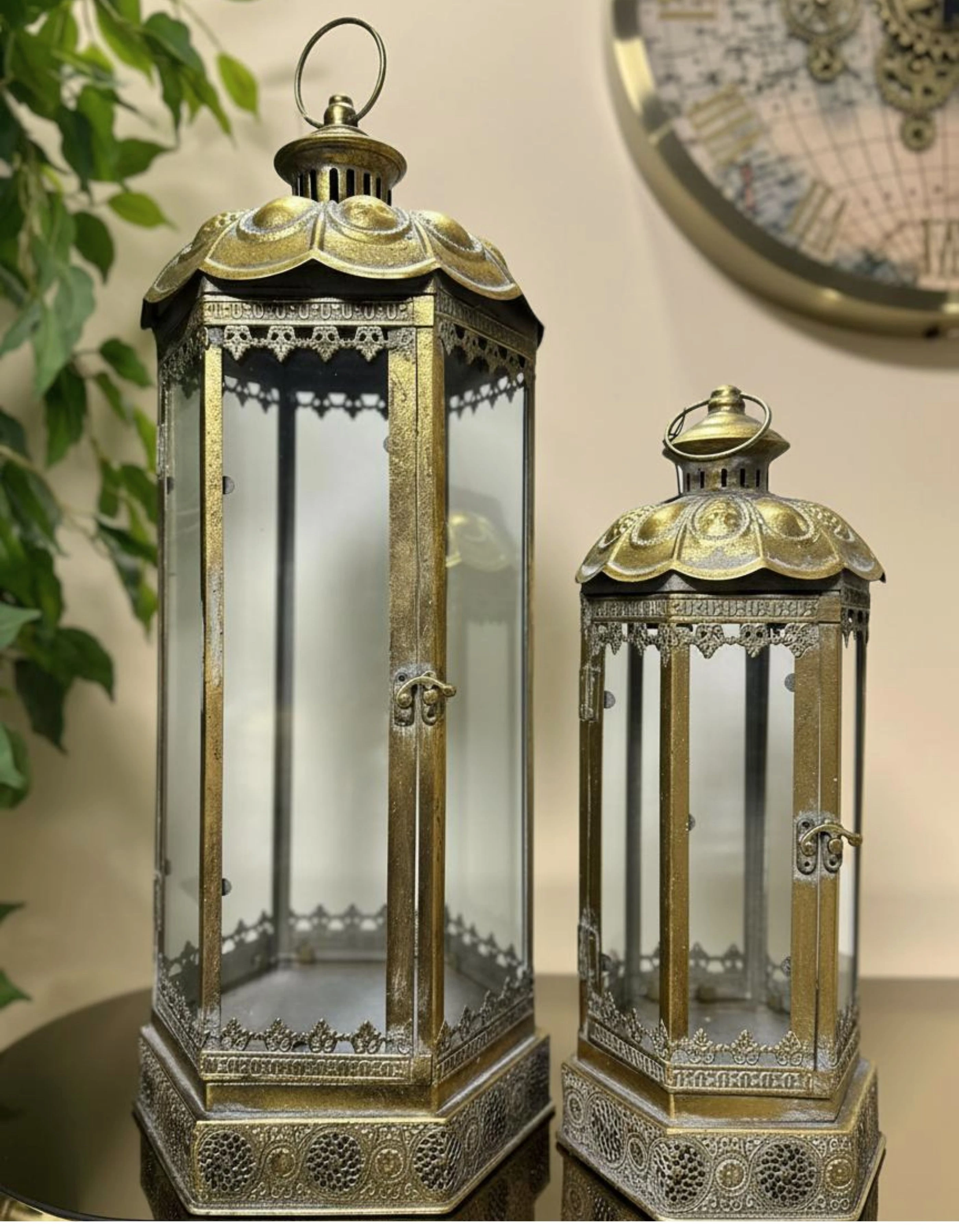 Eskitme Metal Telkari 2li Camlı Dekoratif Fener Set