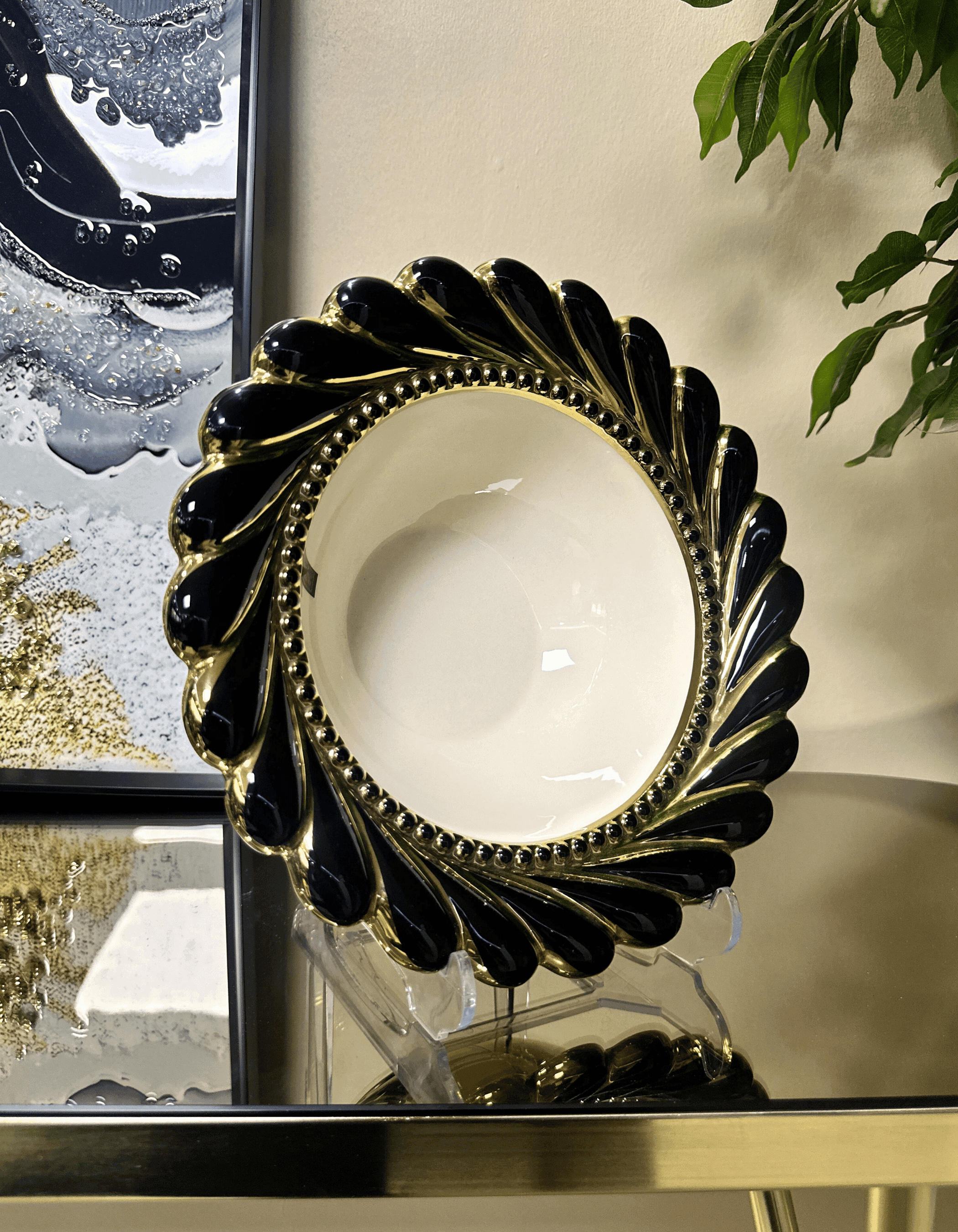 Porselen Siyah/Gold Yaldızlı İthal Yuvarlak Servis Tabak