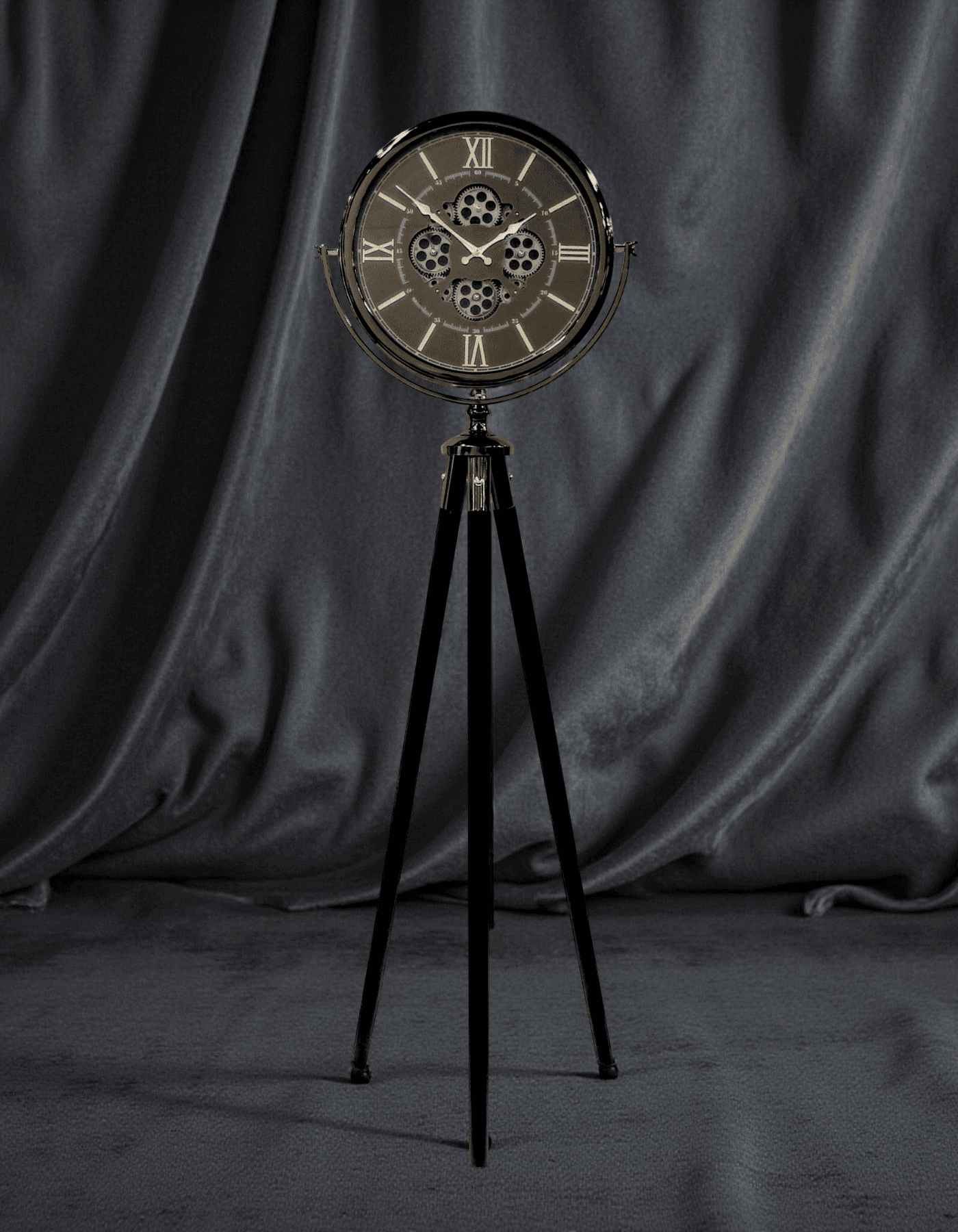 Metal Kasa Ahşap Ayak Çarklı Füme Tripod Saat