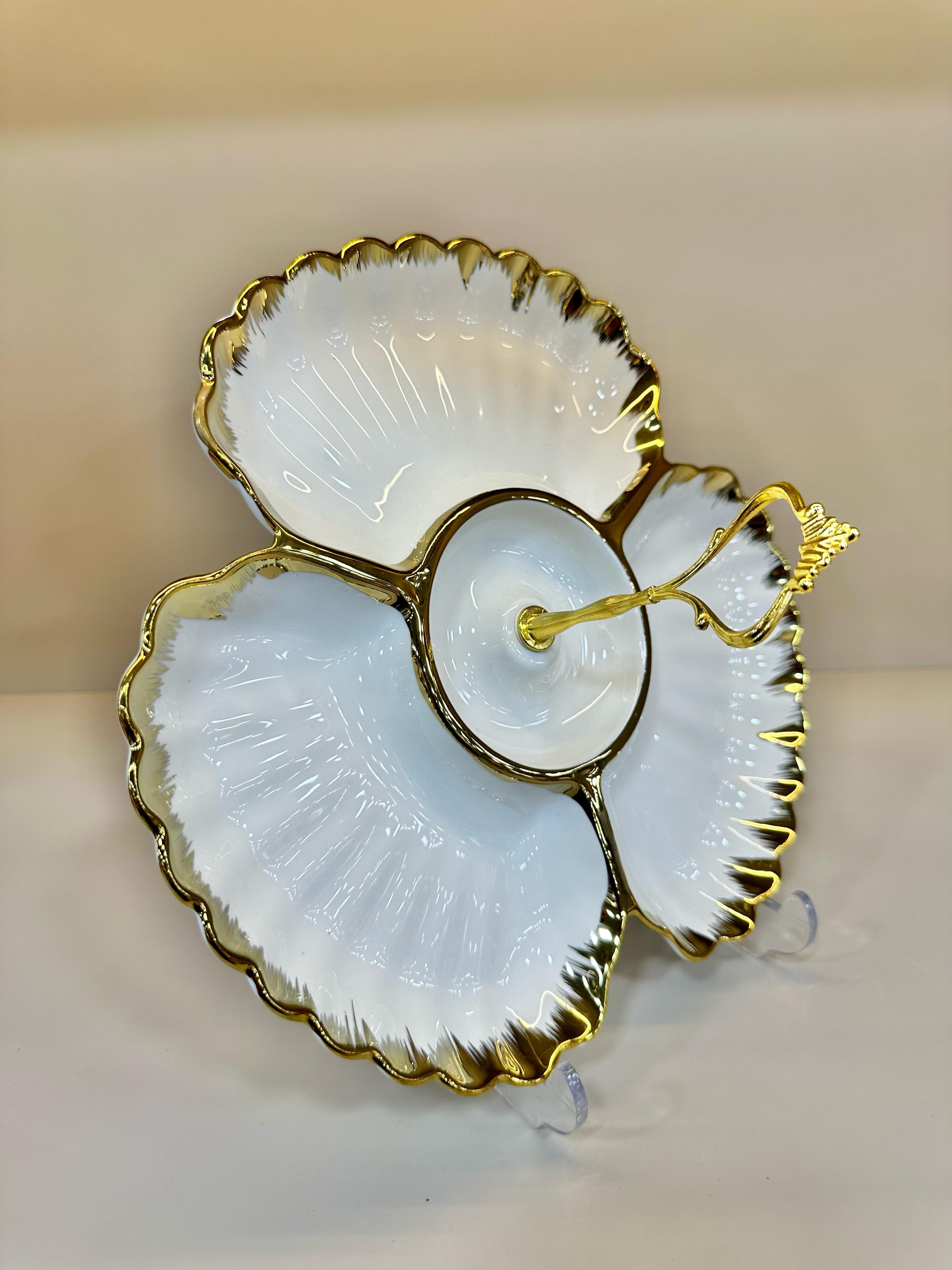 Porselen 3 Bölmeli Gold Yaldız Servis Sunum Tabak