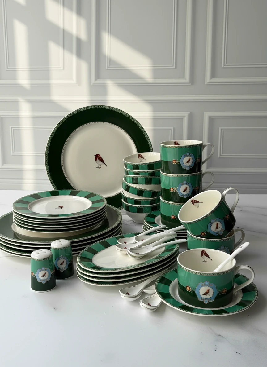 Bird Green 48 Parça 6 Kişilik Porselen Kahvaltı Takımı