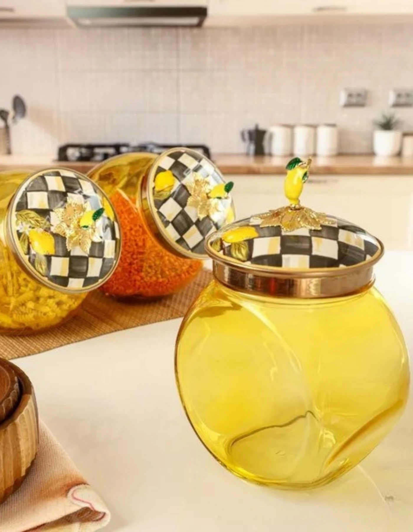 Damalı Linda Emaye Kapaklı Cam Kavanoz 1,5 L