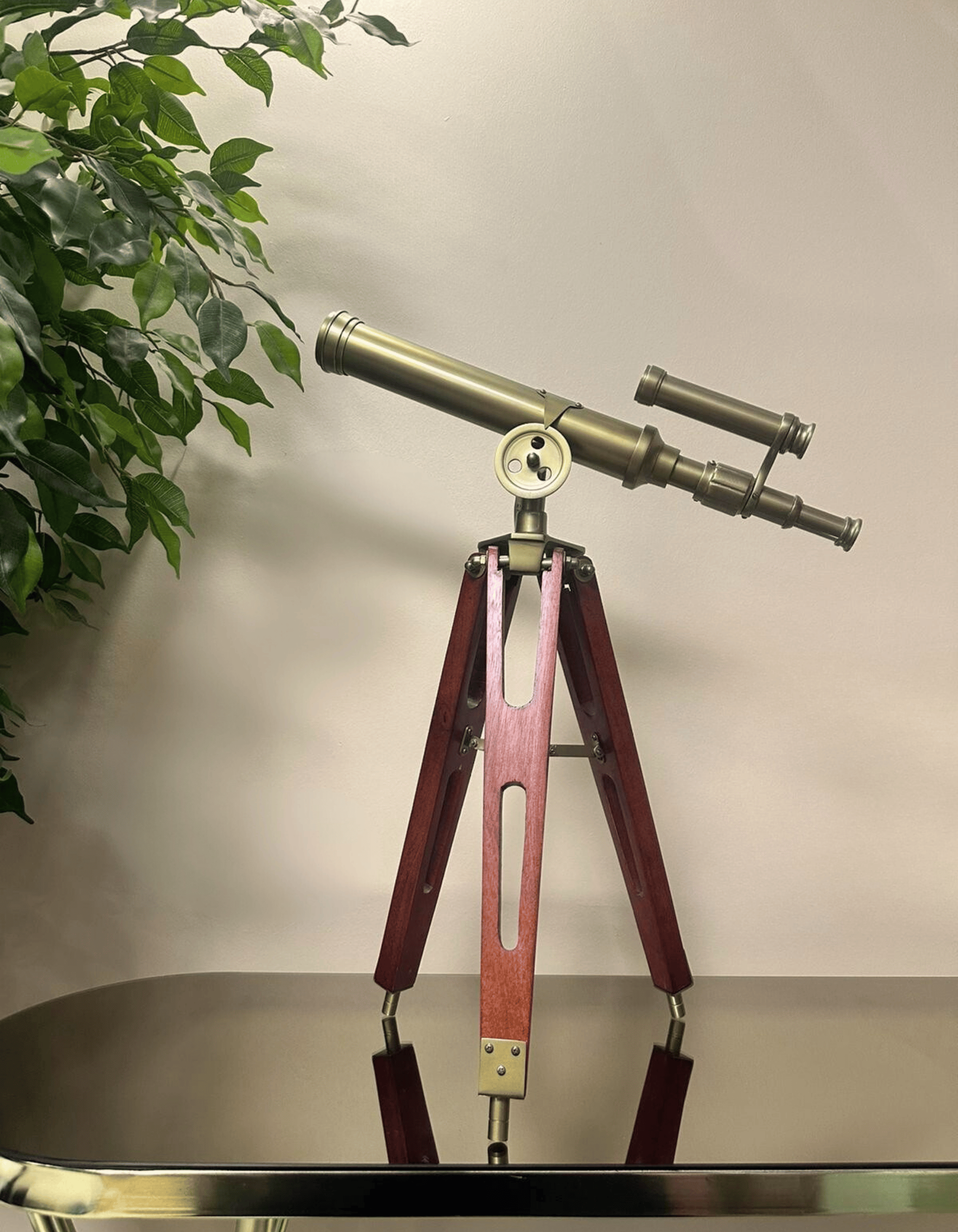 Ahşap Ayaklı Eskitme Renk Metal Teleskop Dekor 57 CM