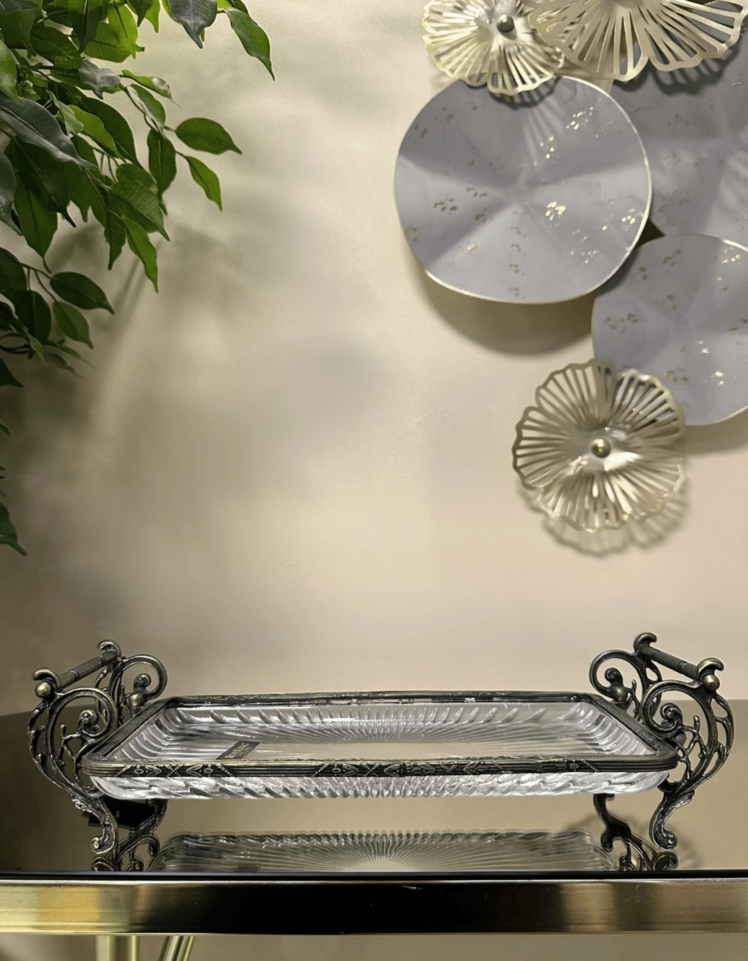 Döküm Metal Çerçeveli Kulplu Cam Sunum Dikdörtgen Tabak