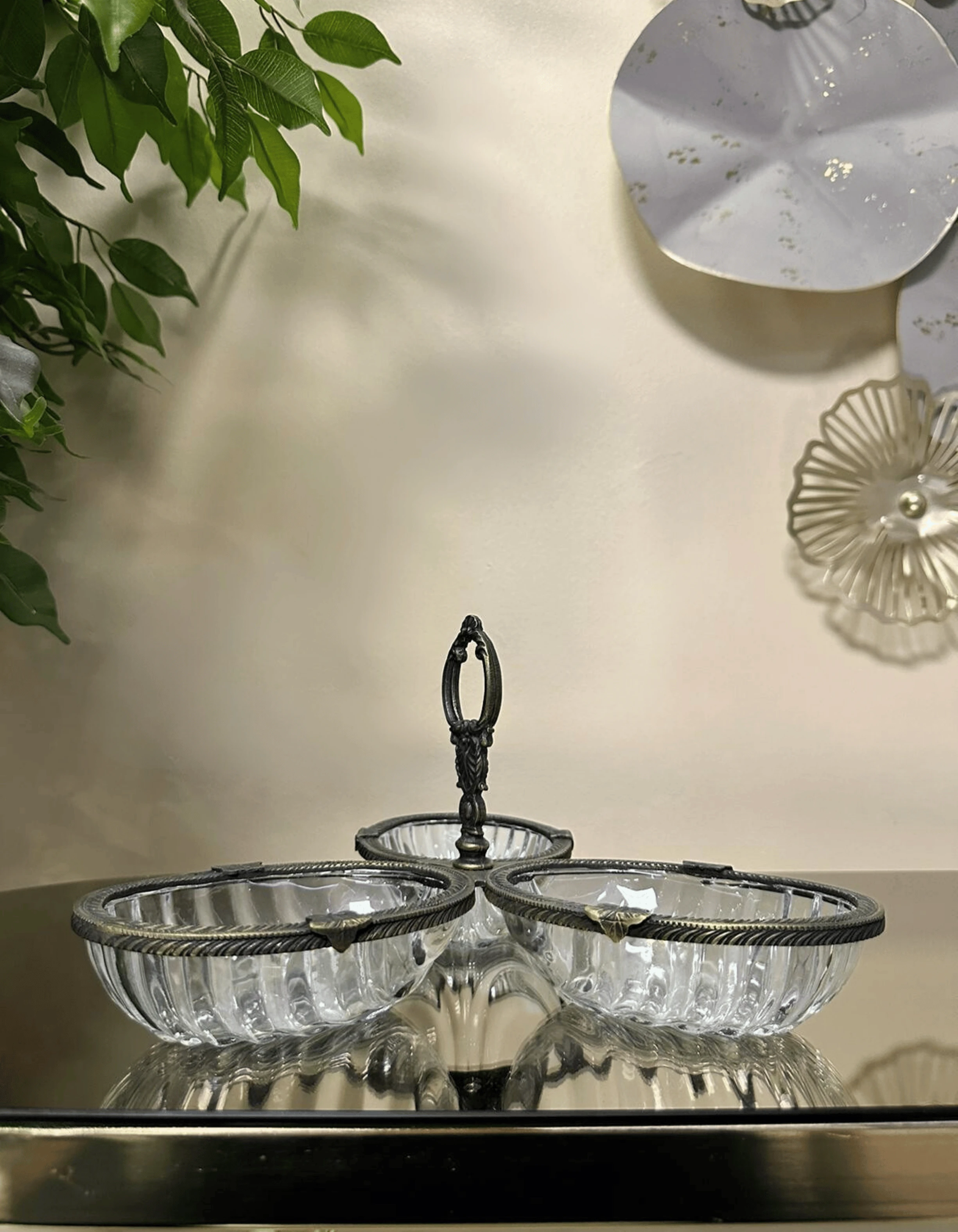 Döküm Metal Çerçeveli Kulplu Cam Sunum 3'lü Çerezlik