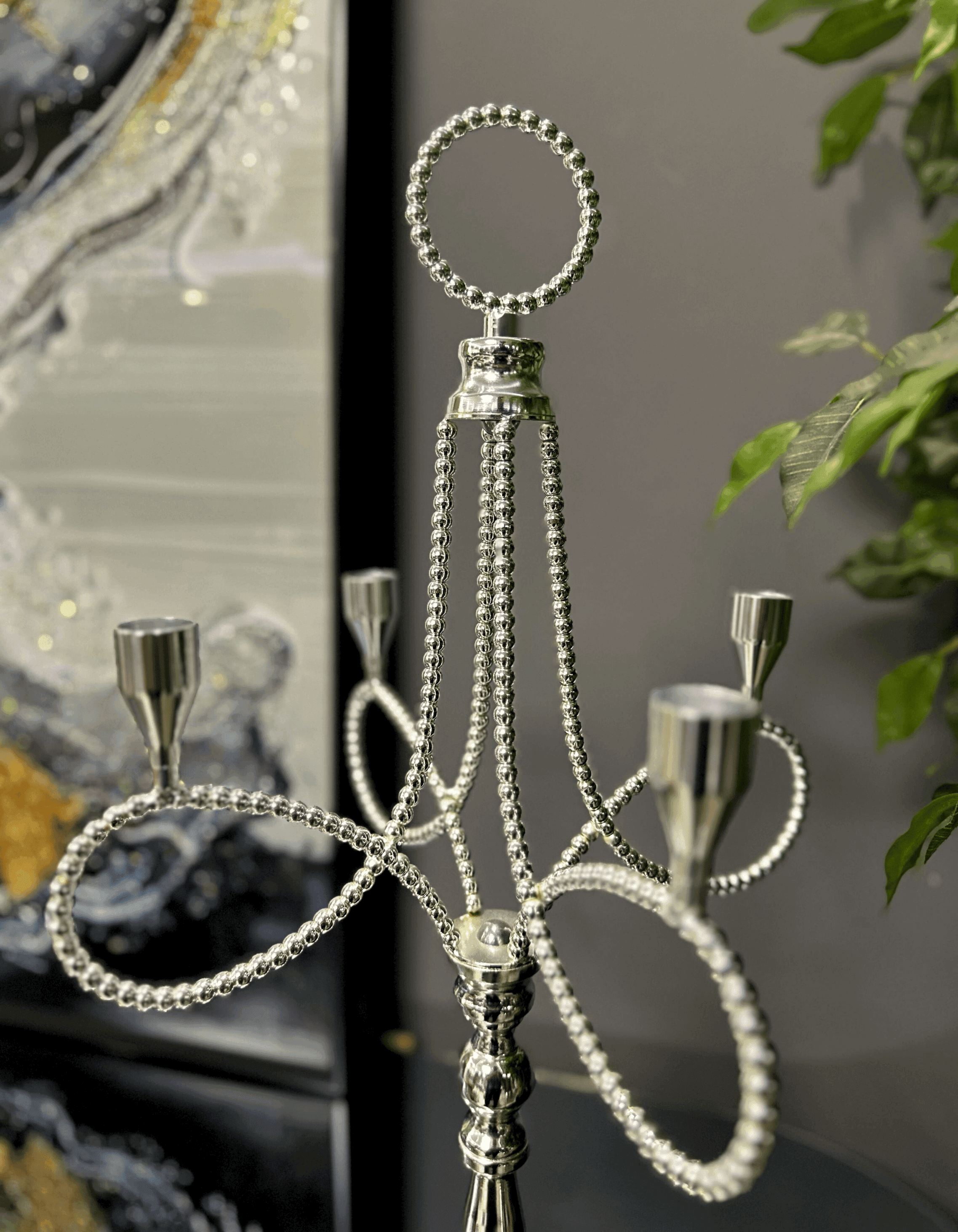 Dört Kollu Silver Boncuk Detaylı Dekoratif Şamdan
