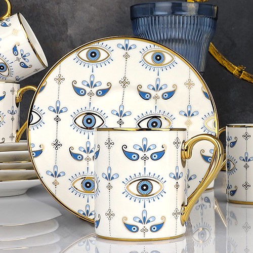 Kosova Porselen Evil Eye 6'lı Altın Yaldızlı Kahve Fincan Takımı