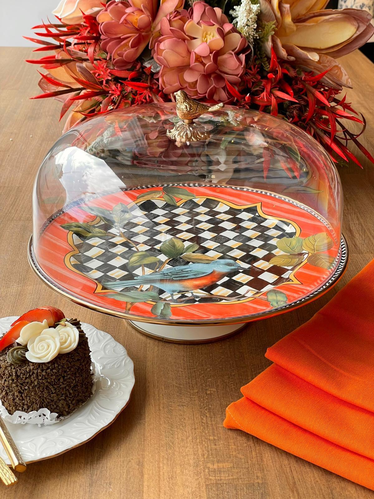 Damalı Paradise Emaye 30 Cm Ayaklı Kek Fanusu