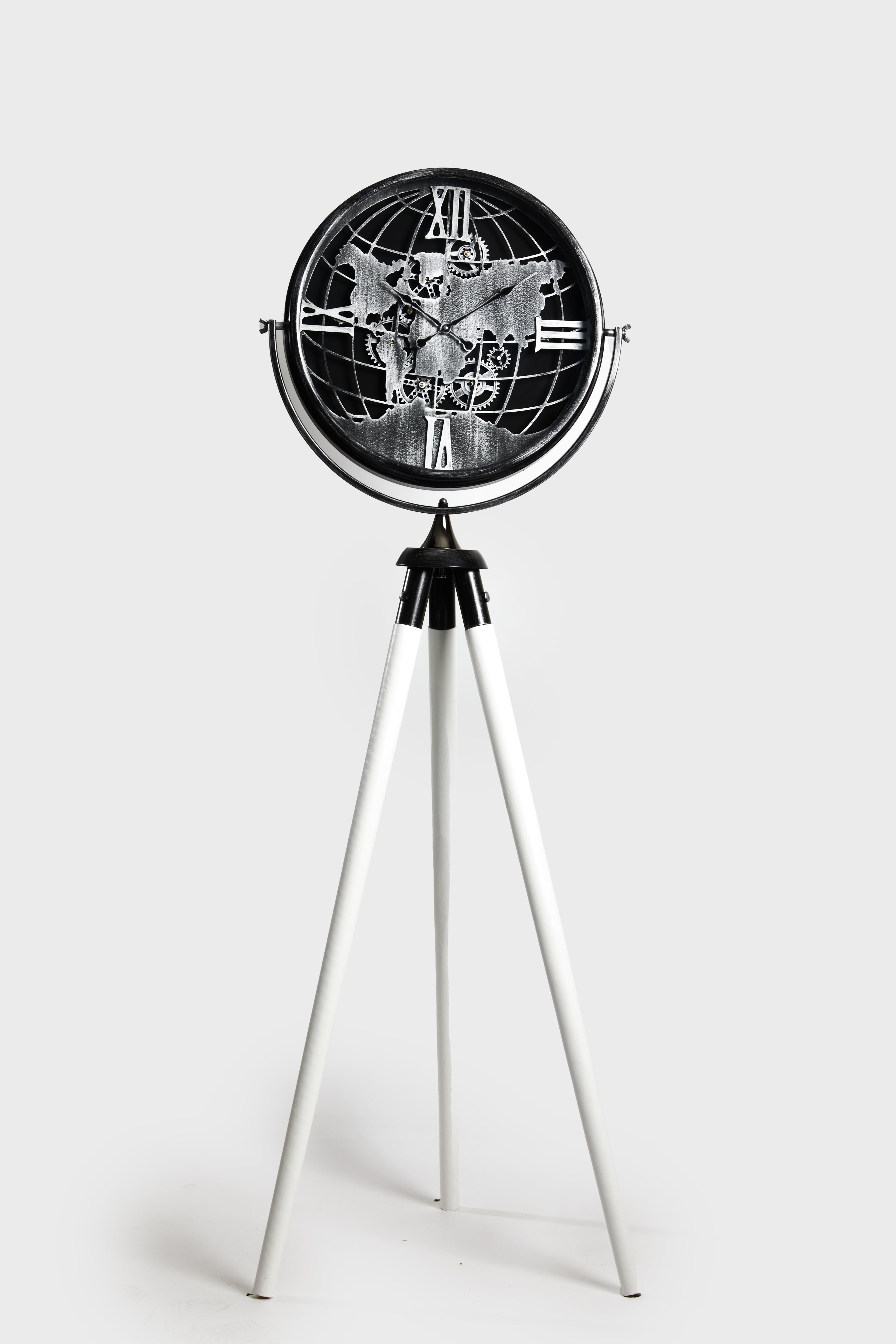 Polar Globe – Siyah Eskitme Tripod Çarklı Saat (165 cm)