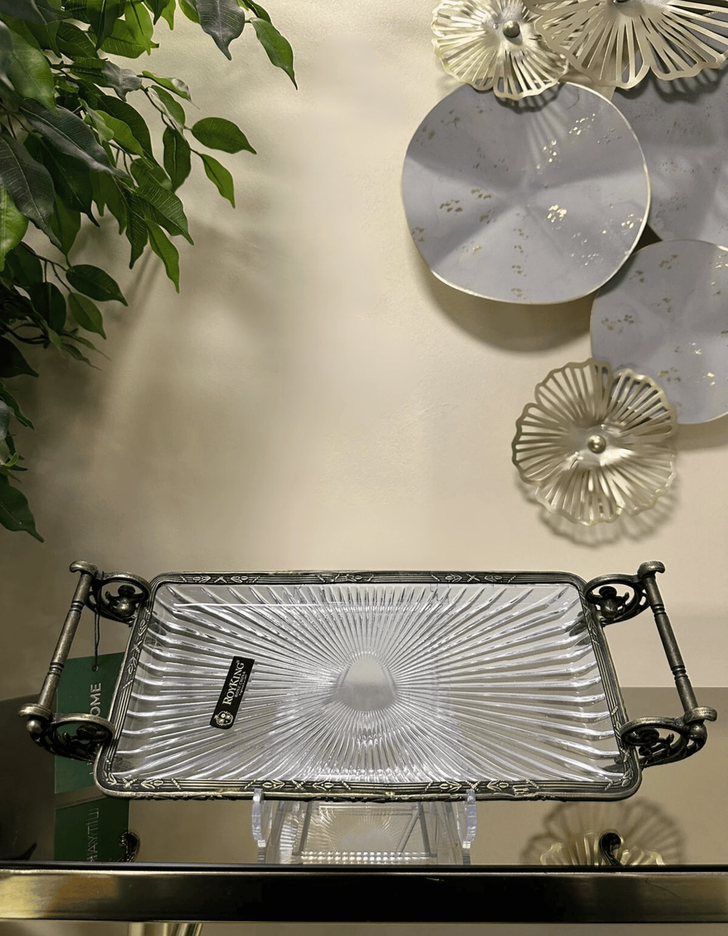 Döküm Metal Çerçeveli Kulplu Cam Sunum Dikdörtgen Tabak