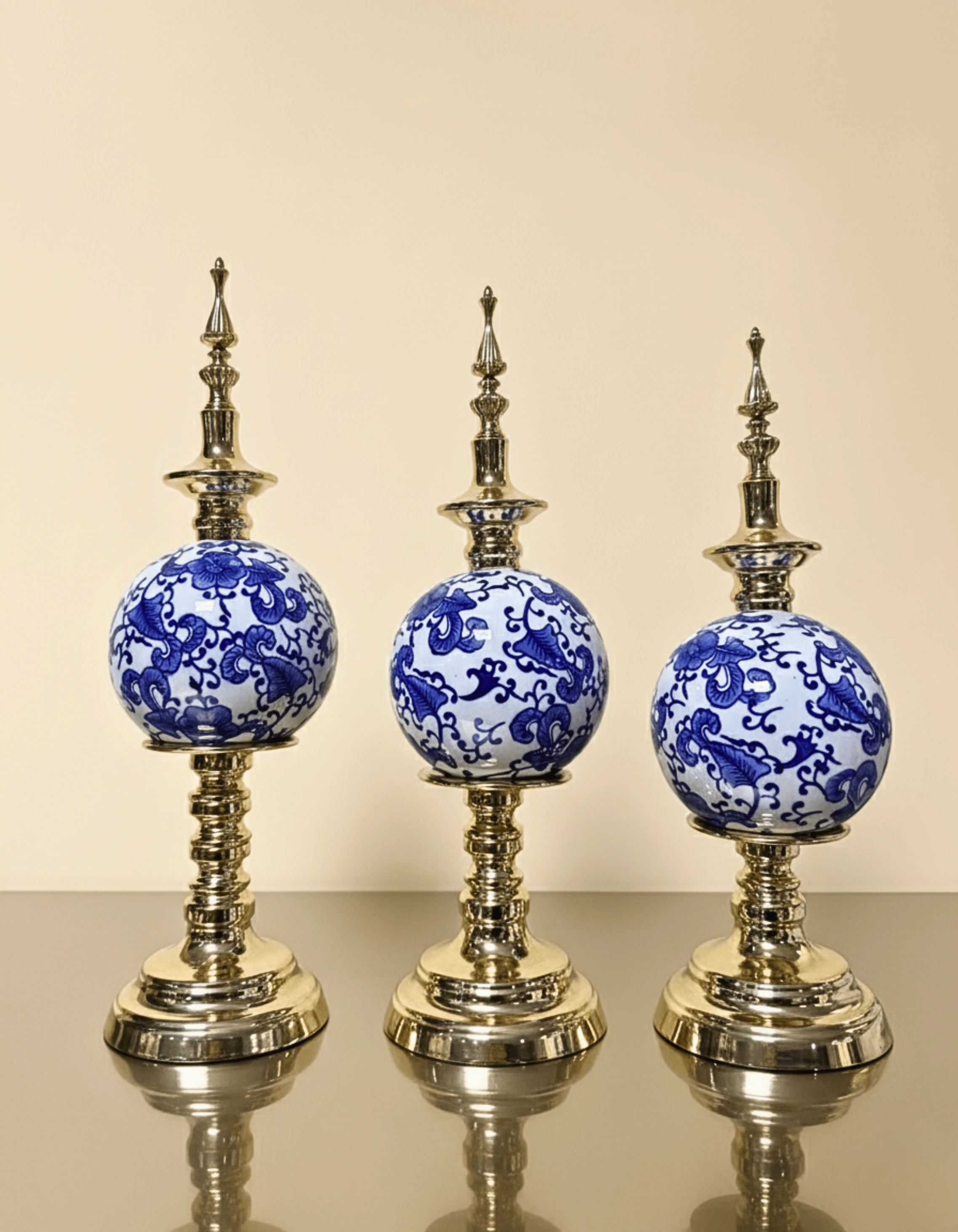 Rose Gold Metal Mavi Çini Küre 3’lü Dekor Seti (40-42-44 cm)