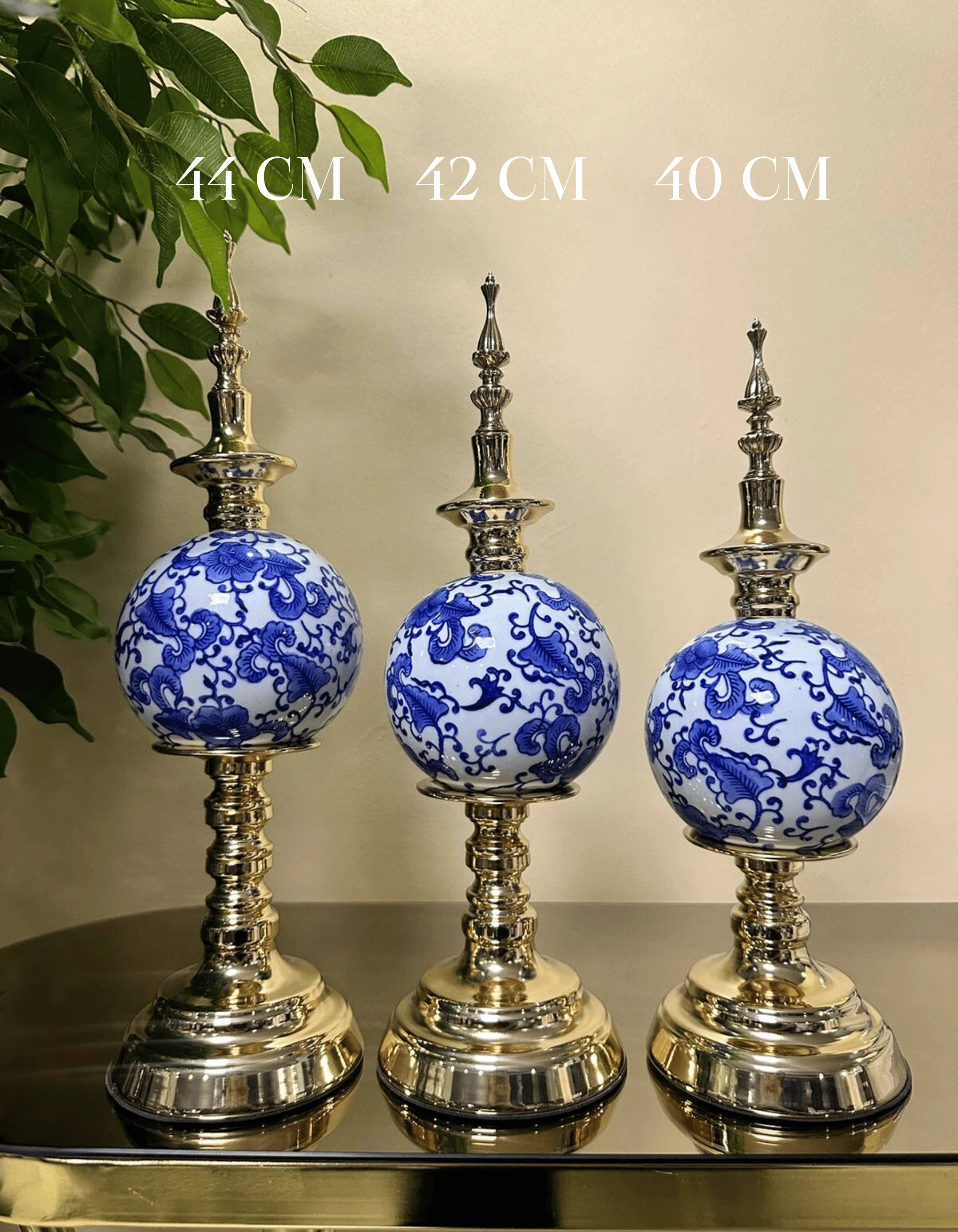 Rose Gold Metal Mavi Çini Küre 3’lü Dekor Seti (40-42-44 cm)