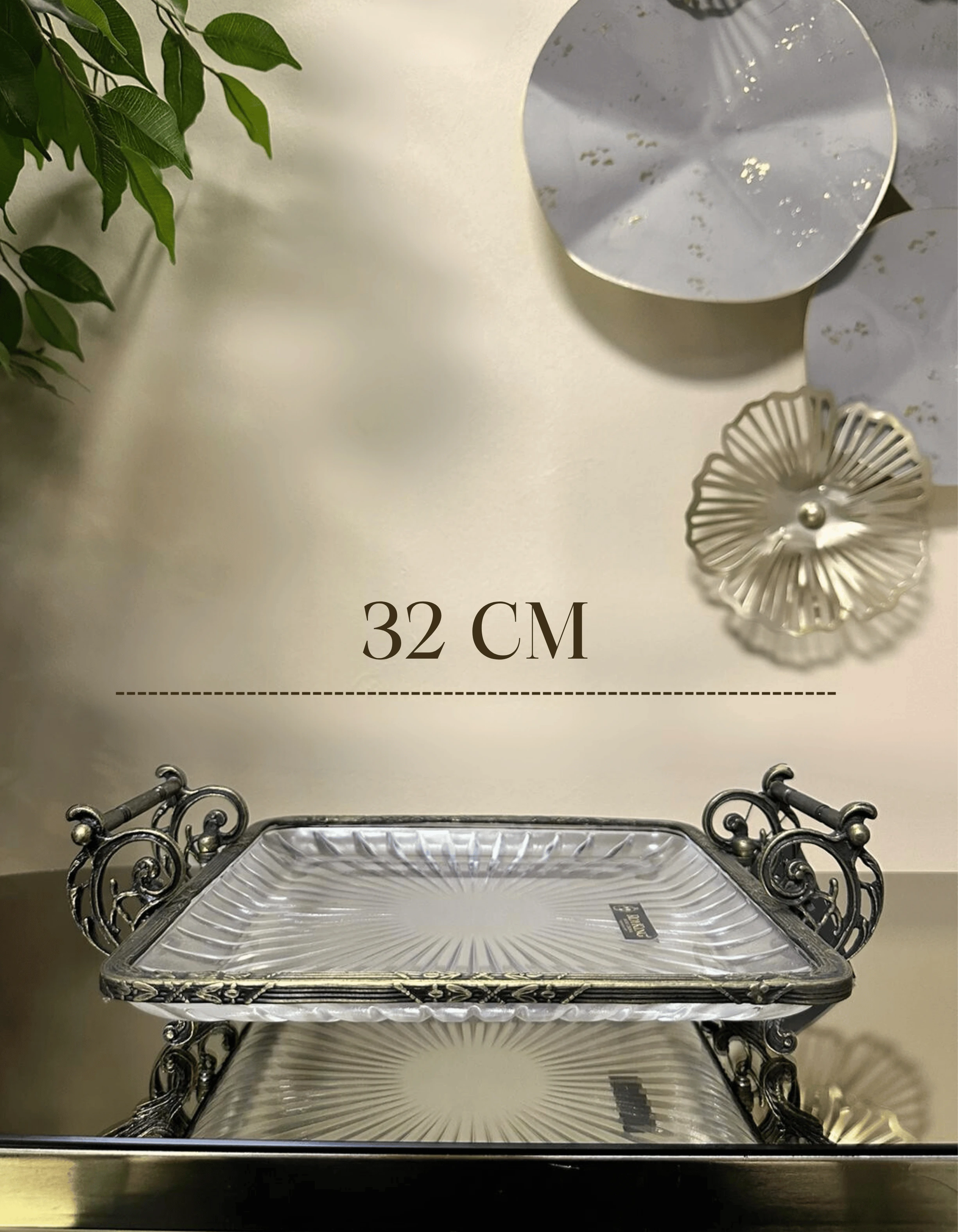 Döküm Metal Çerçeveli Kulplu Cam Sunum Kare Tabak 