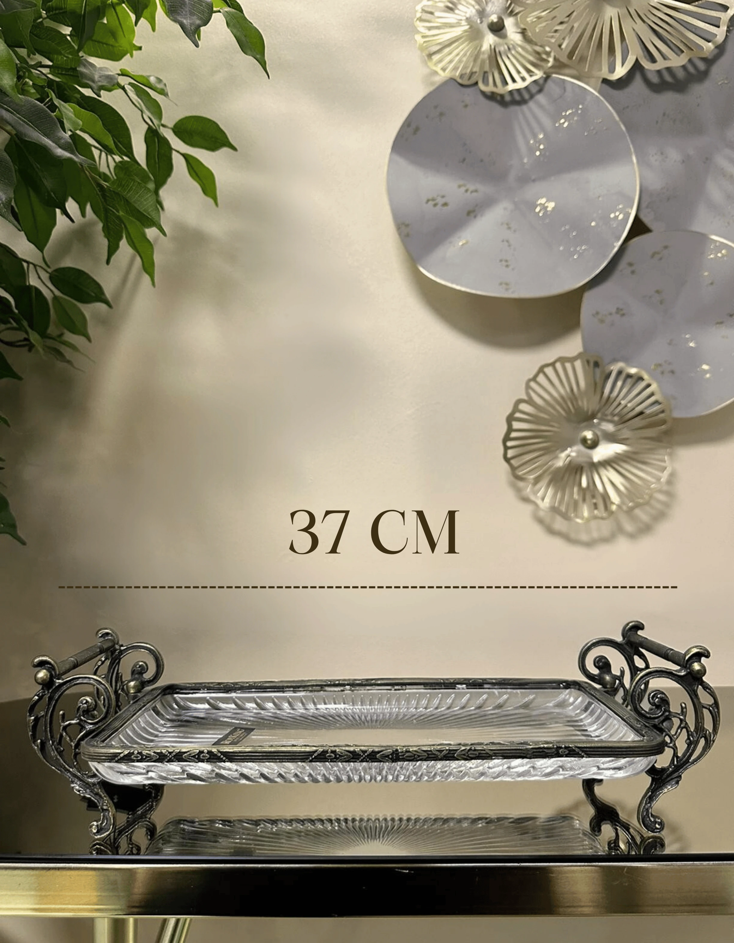 Döküm Metal Çerçeveli Kulplu Cam Sunum Dikdörtgen Tabak