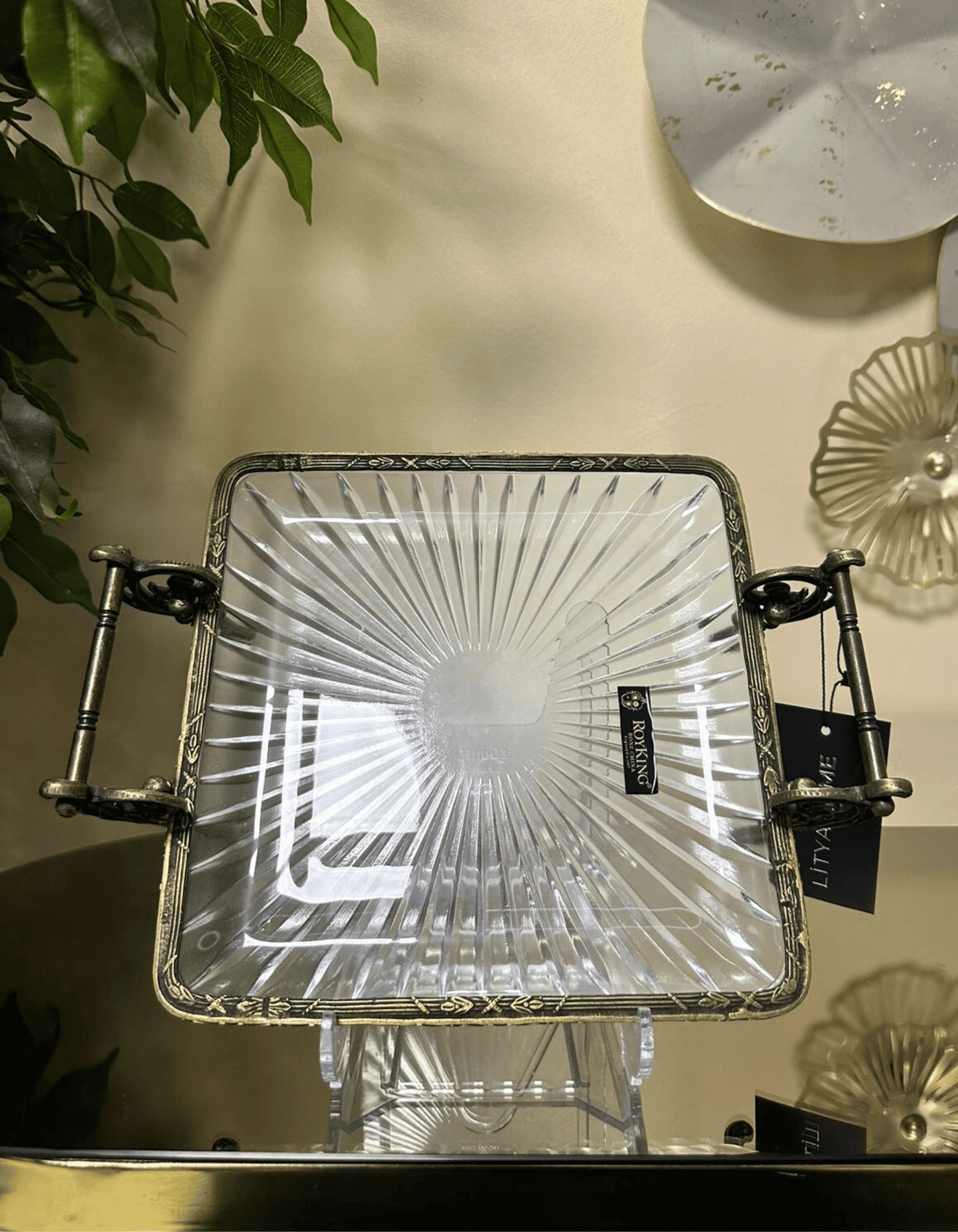 Döküm Metal Çerçeveli Kulplu Cam Sunum Kare Tabak 