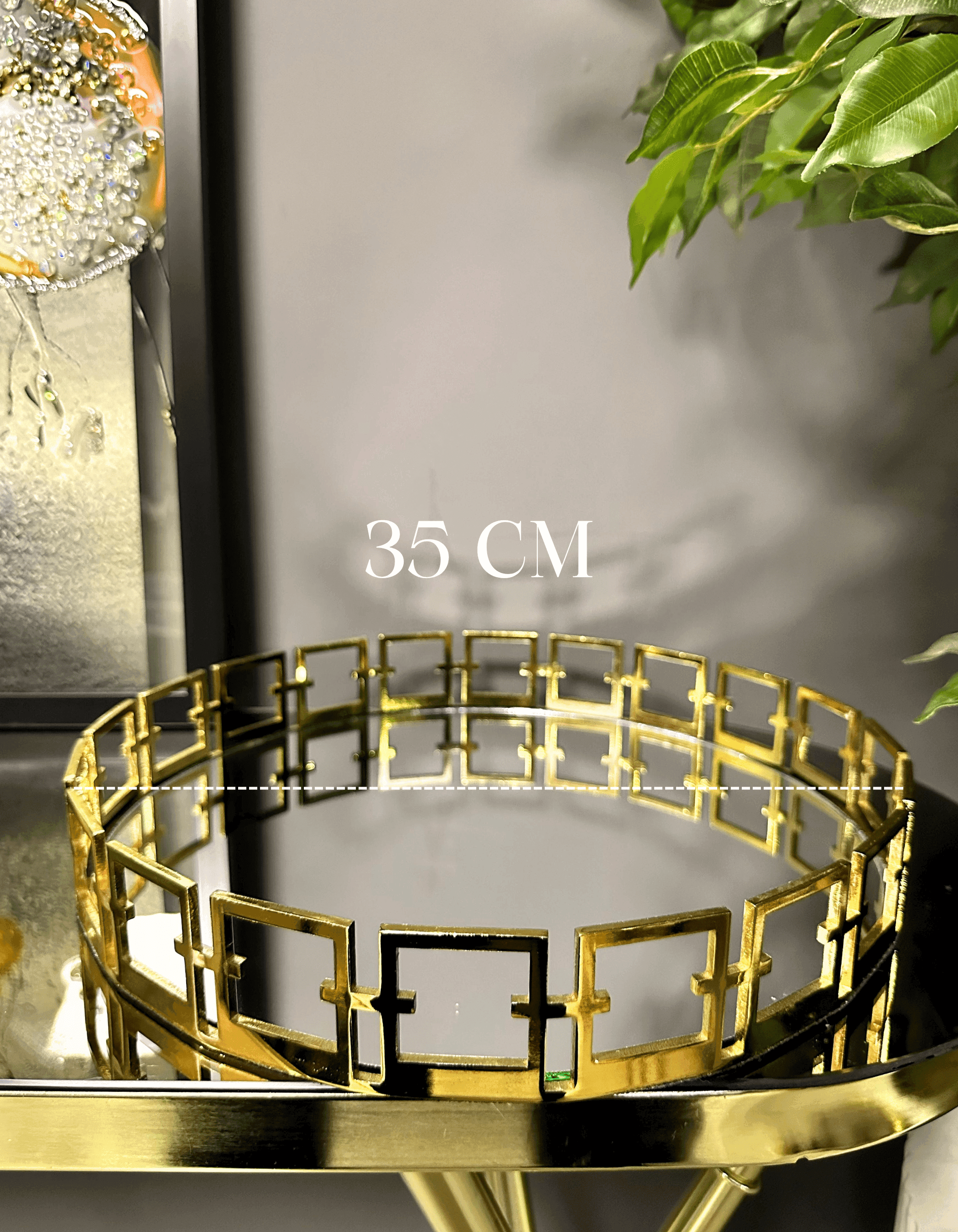 Metal Aynalı Gold Kare Detaylı Dekoratif Tepsi