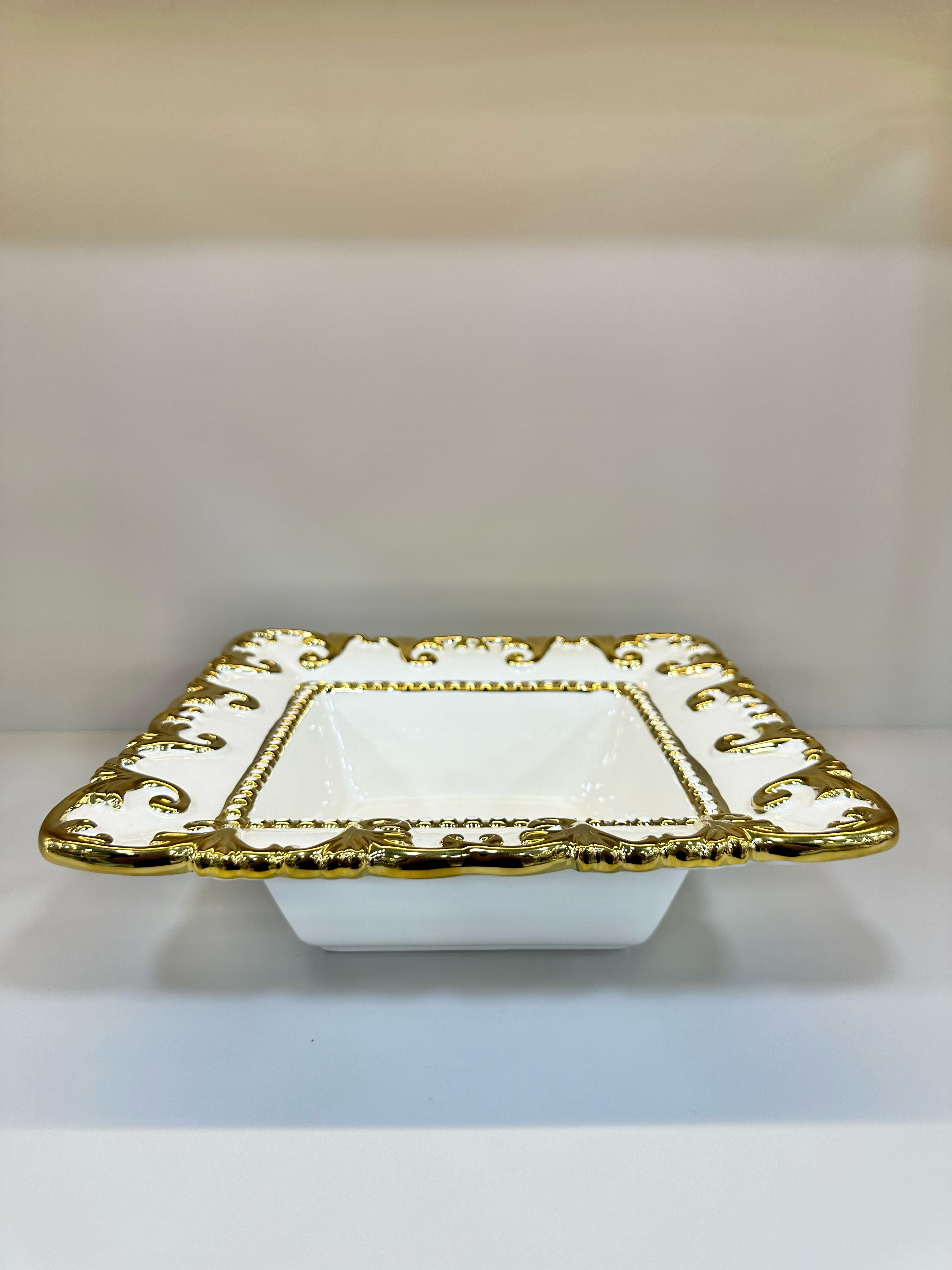Porselen Avangart Gold Yaldızlı Kare Çukur Sunum Tabak