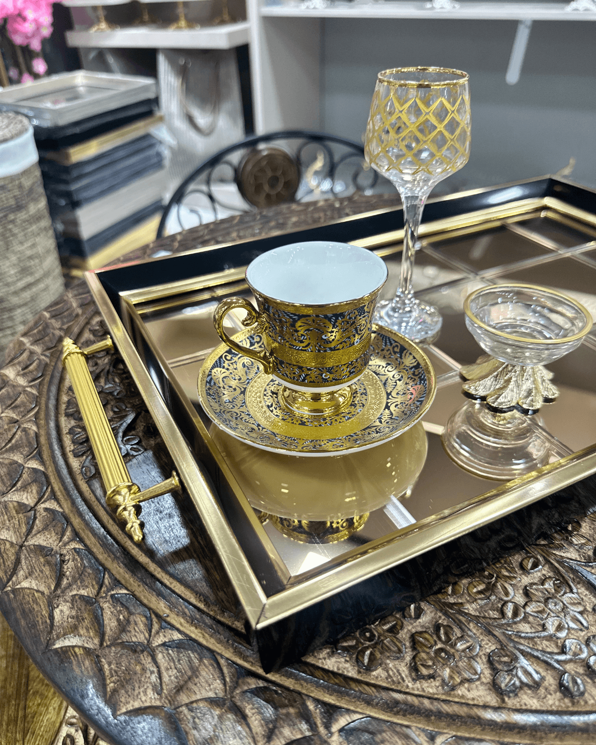  Gold Aynalı Sunum Tepsisi, Lüks Çay Tepsisi, Kahve Tepsisi