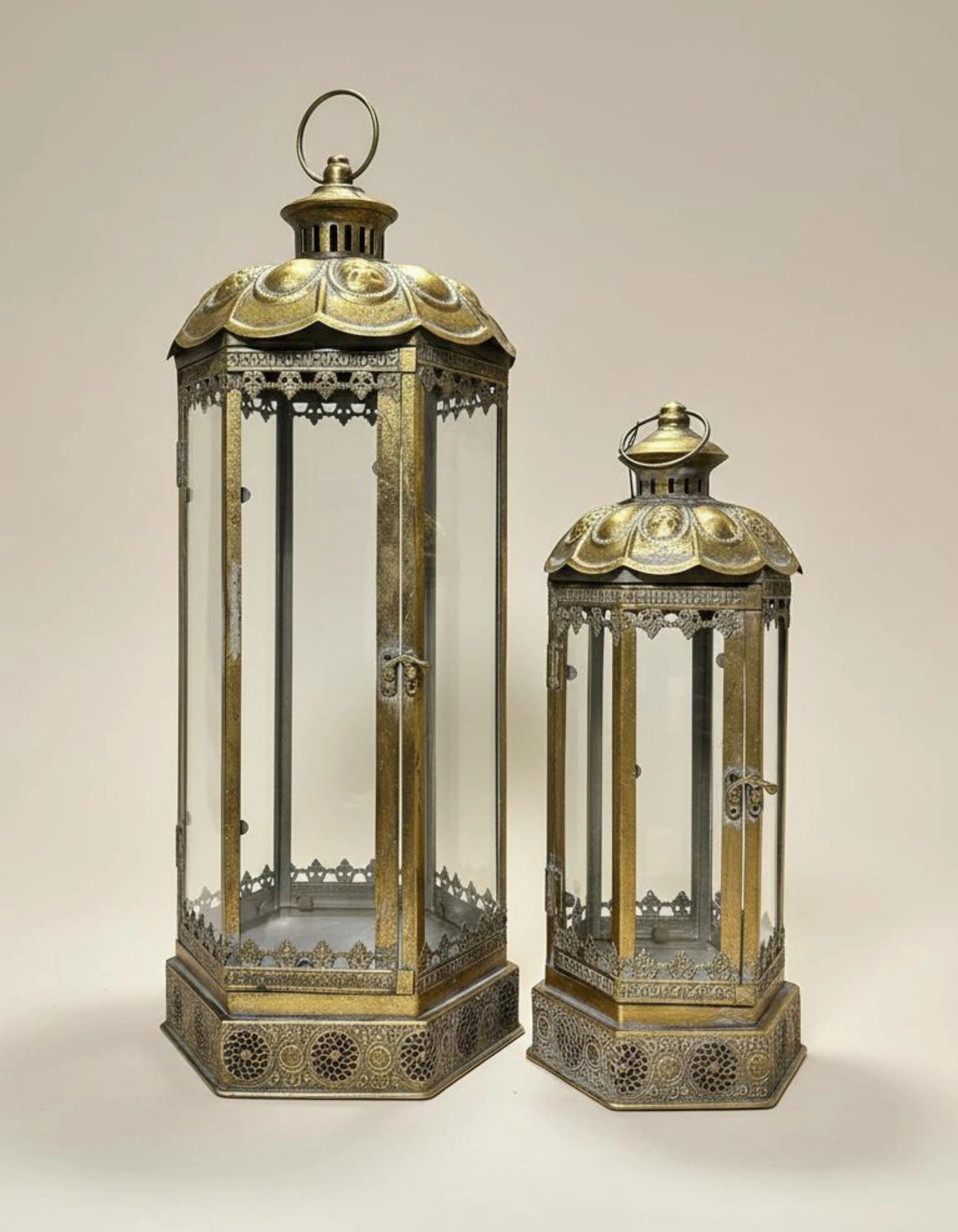 Eskitme Metal Telkari 2li Camlı Dekoratif Fener Set