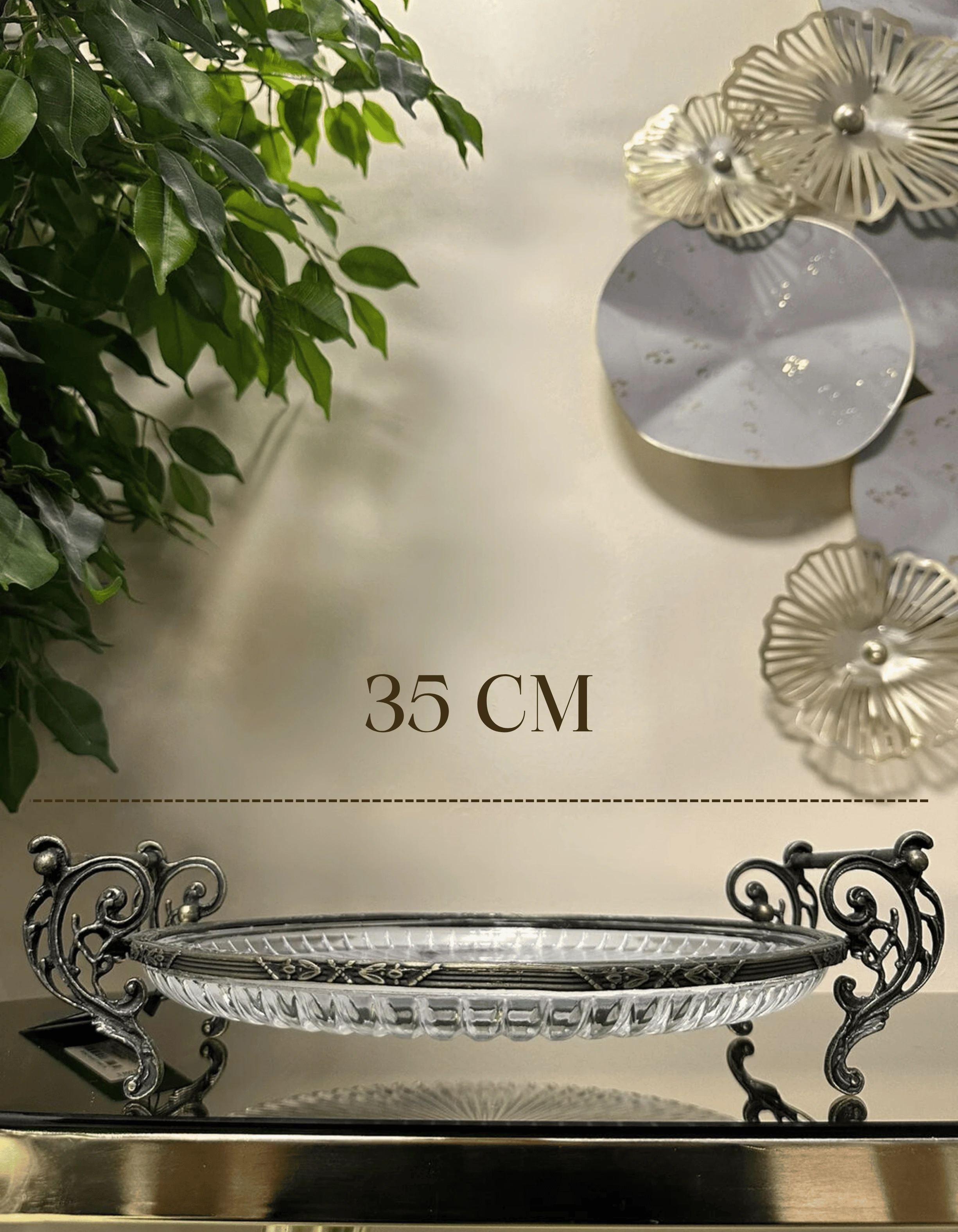 Döküm Metal Çerçeveli Kulplu Cam Sunum Yuvarlak Tabak