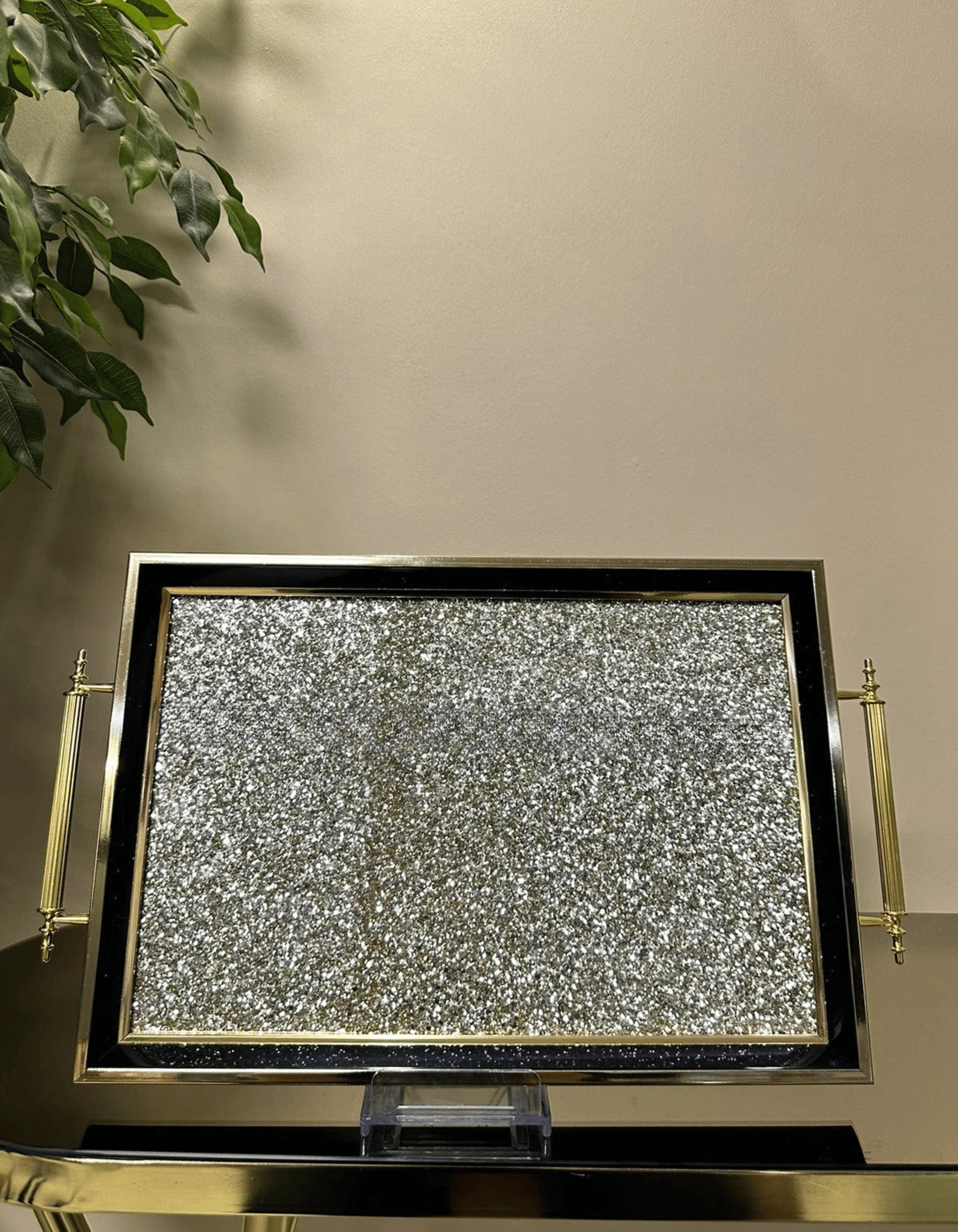 Starlight Glitter - Modern Siyah Gold Sim Cam Sunum Tepsisi