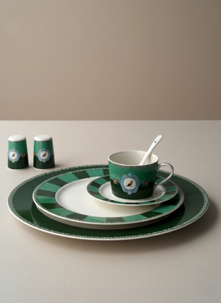 Bird Green 48 Parça 6 Kişilik Porselen Kahvaltı Takımı