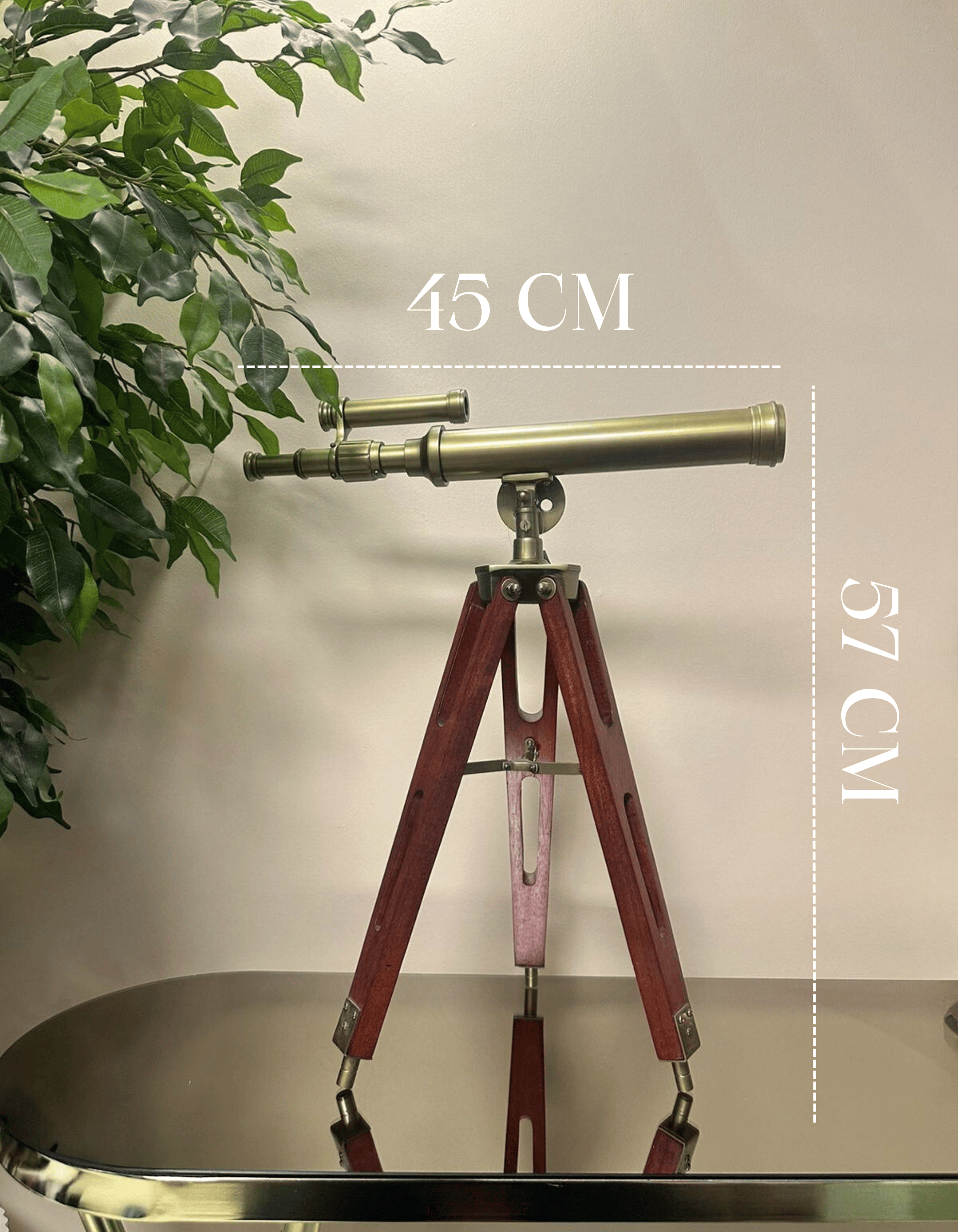 Ahşap Ayaklı Eskitme Renk Metal Teleskop Dekor 57 CM