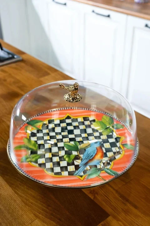 Damalı Paradise Emaye 30 Cm Ayaklı Kek Fanusu