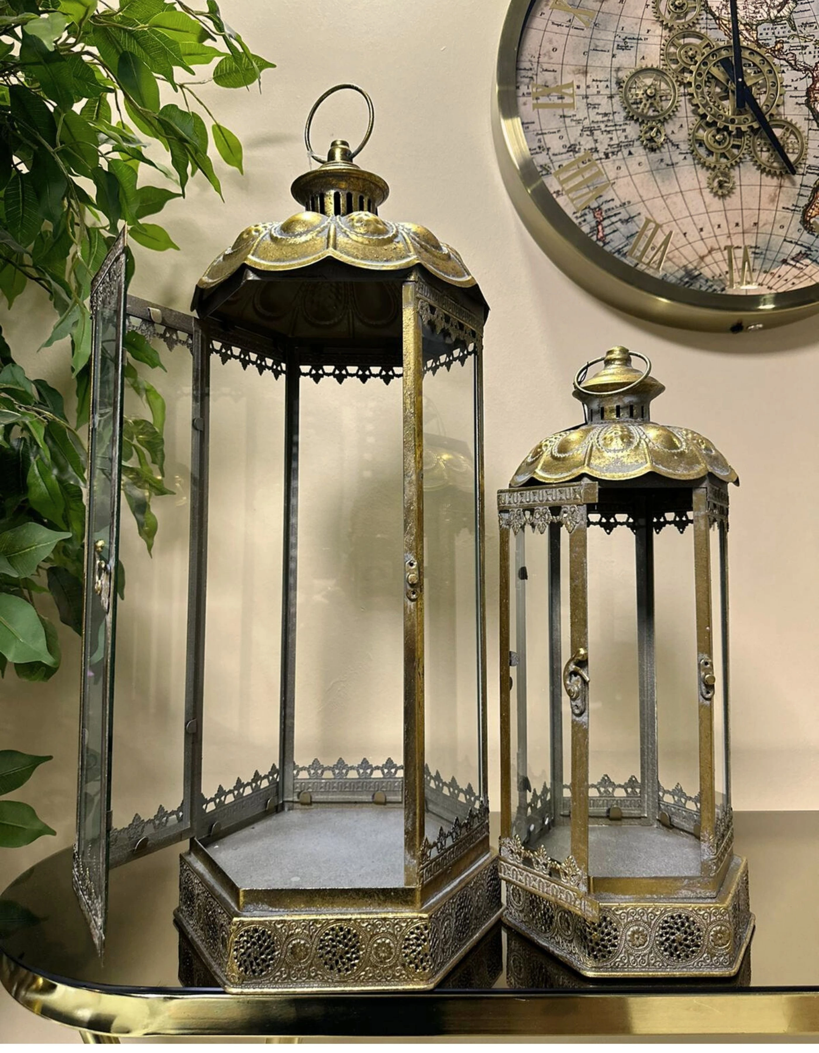 Eskitme Metal Telkari 2li Camlı Dekoratif Fener Set