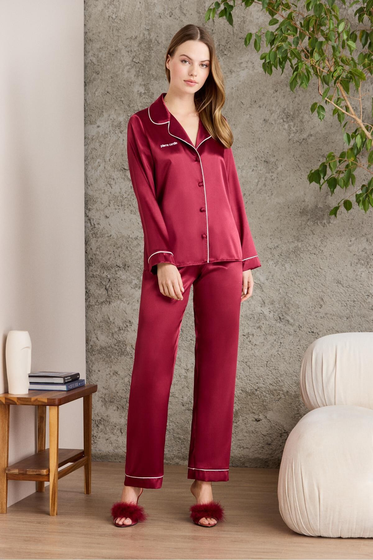 Kadın Saten Biyeli Pijama Takımı -1200 Bordo