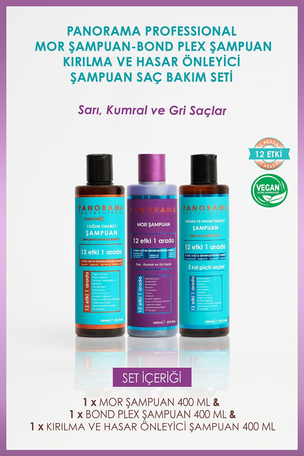 Panorama Professional Purple Shampoo / Anti-Damage Shampoo / Bond Plex 3-Piece Shampoo Set / Vegan Formula