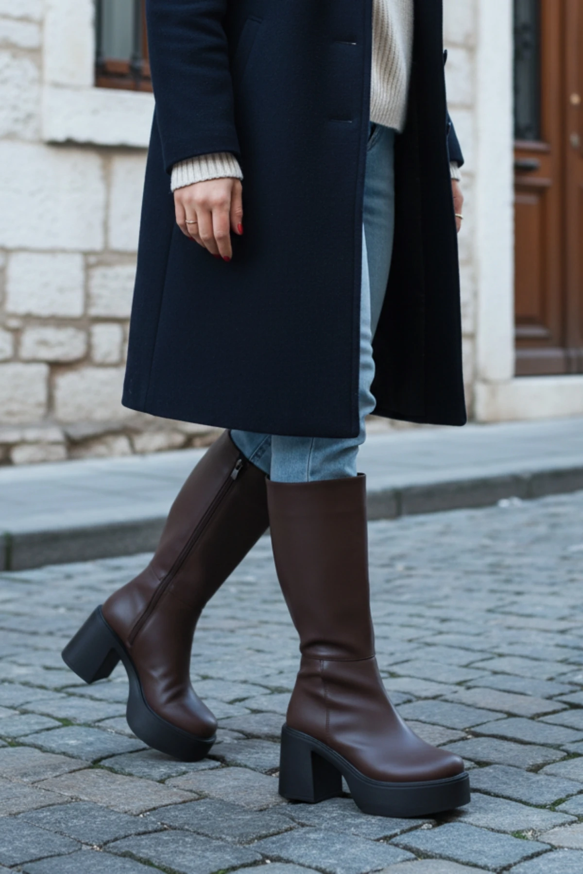 Kalın Yüksek Topuklu Fermuarlı Diz Altı Sade Klasik Kadın Acı Kahve Çizme