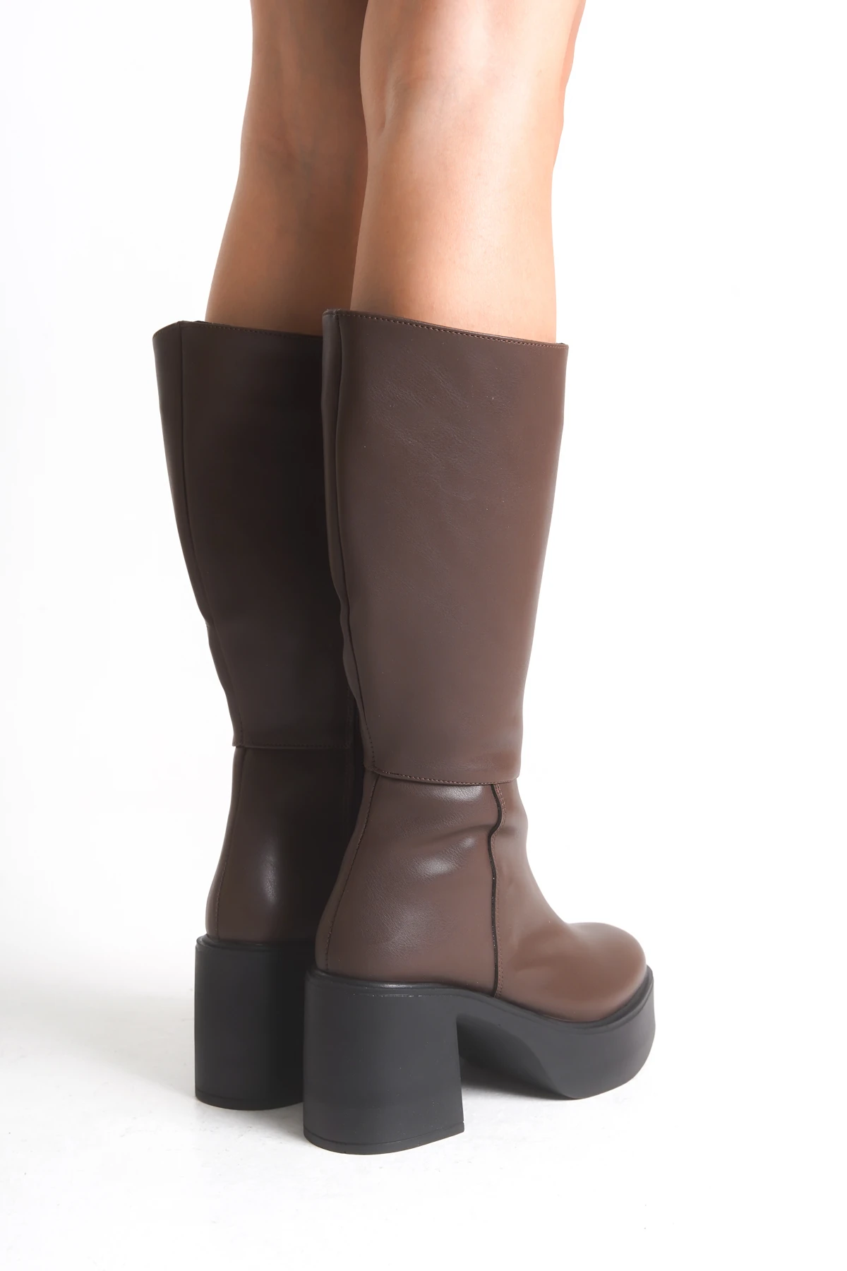 Kalın Yüksek Topuklu Fermuarlı Diz Altı Sade Klasik Kadın Acı Kahve Çizme