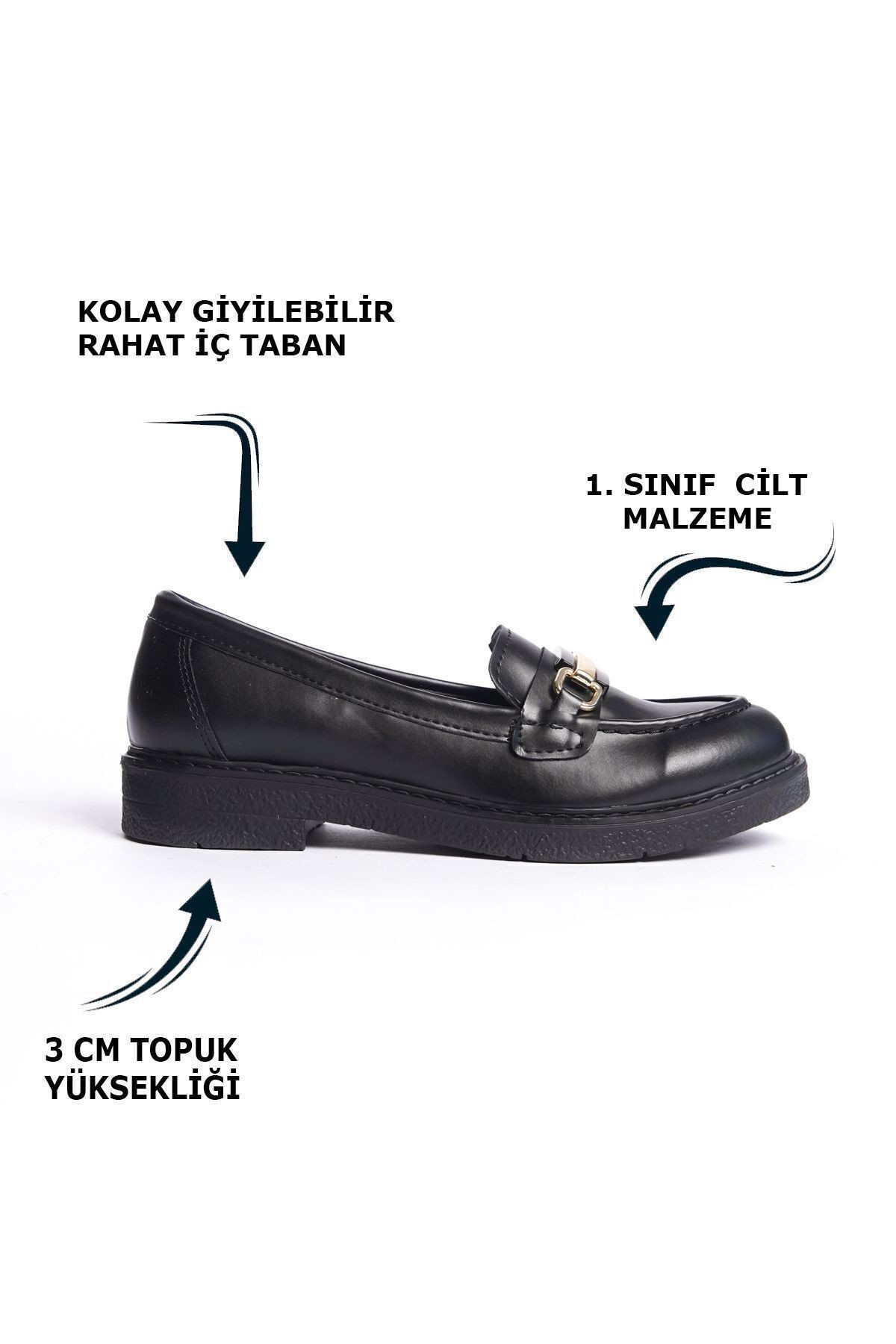 Krem Cilt Önden Metal Toka Detaylı Günlük Makosen Loafer Kadın Ayakkabı