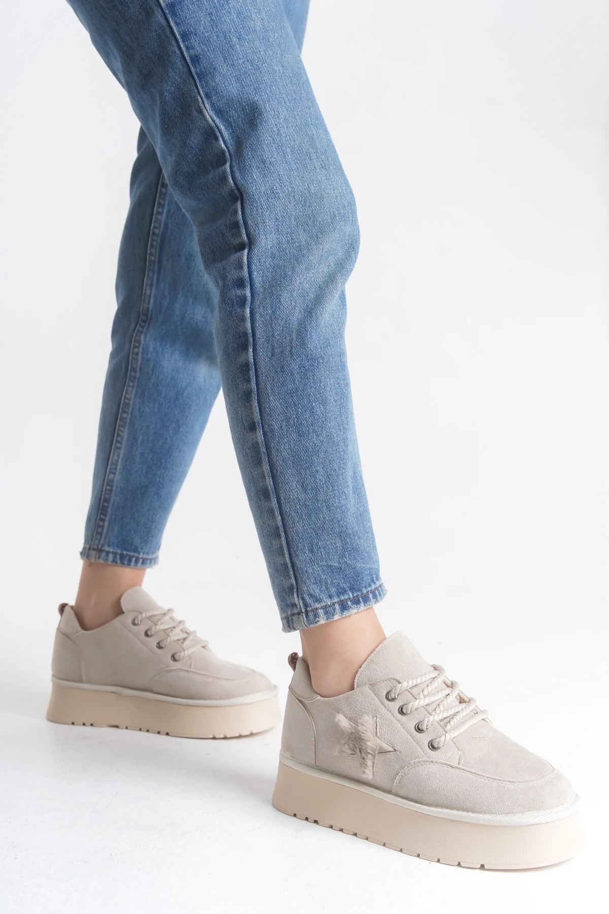 Kadın Halat Bağcıklı Süet Yıldız Detaylı Kalın Taban Bot & Bootie