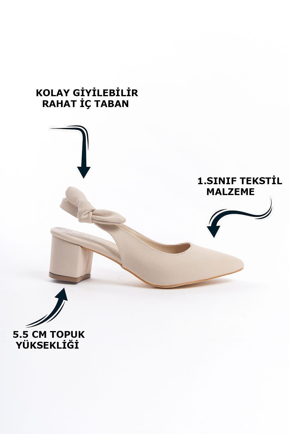 Krem Alçak Kalın Topuklu Yandan Fiyonklu Kadın Abiye Klasik Topuklu Ayakkabı