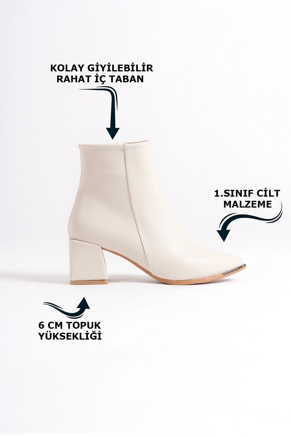 Sivri Burunlu Deri Görünümlü Cilt  Önü Metal Detaylı Fermuarlı Kısa Sade Klasik Bot Bootie