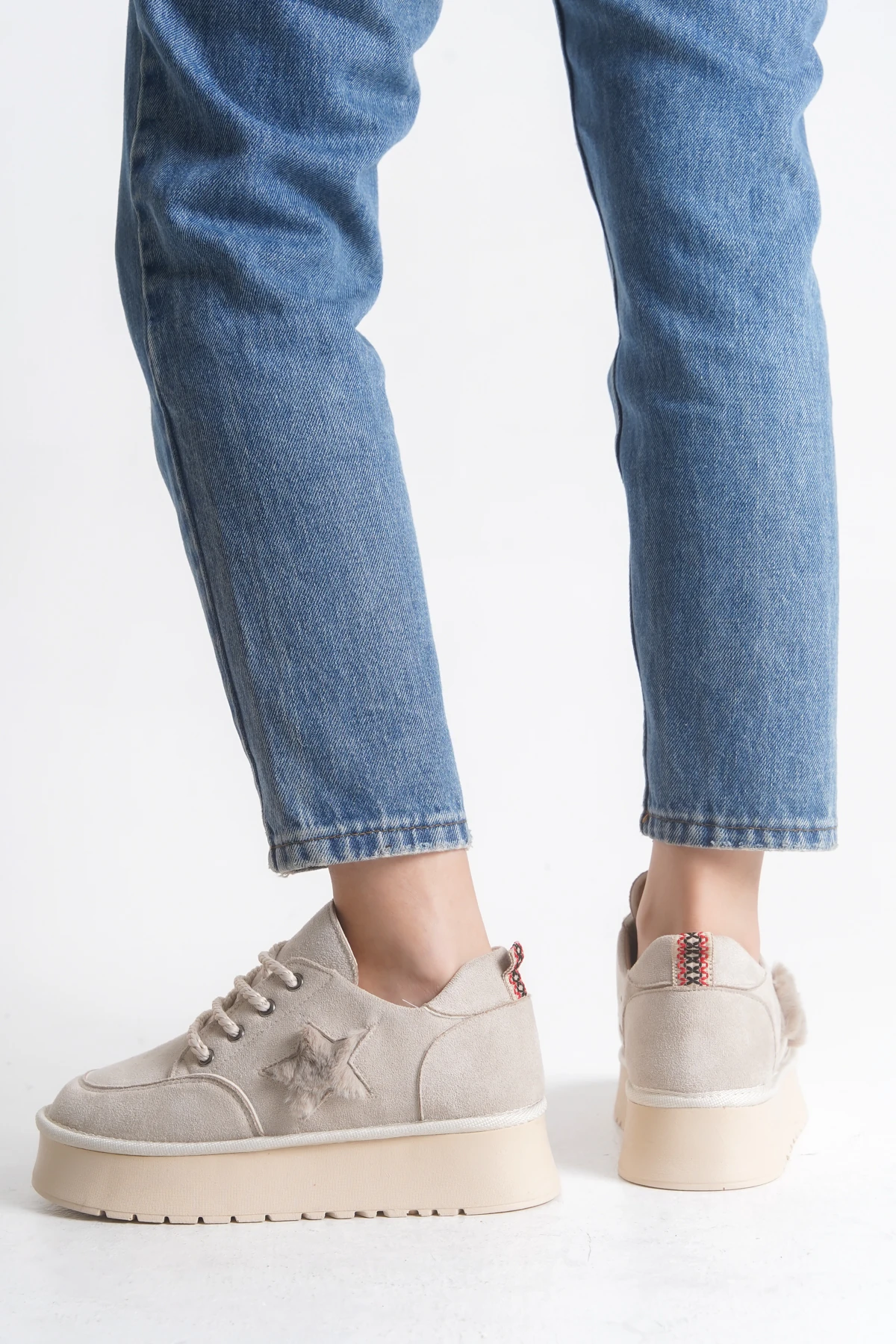 Kadın Halat Bağcıklı Süet Yıldız Detaylı Kalın Taban Bot & Bootie