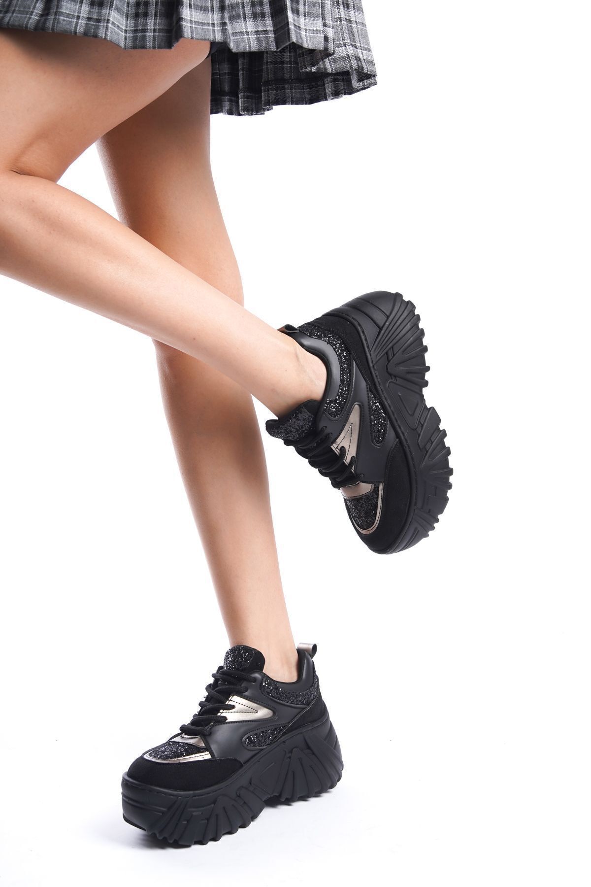 Cilt Süet Parlak Taş Detaylı Bağcıklı Yüksek Taban Günlük Kadın Sneaker Spor Ayakkabı