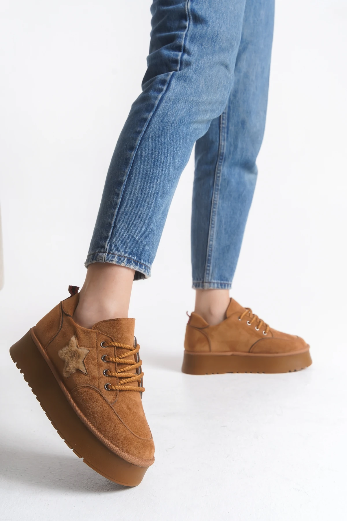 Kadın Halat Bağcıklı Süet Yıldız Detaylı Kalın Taban Bot & Bootie