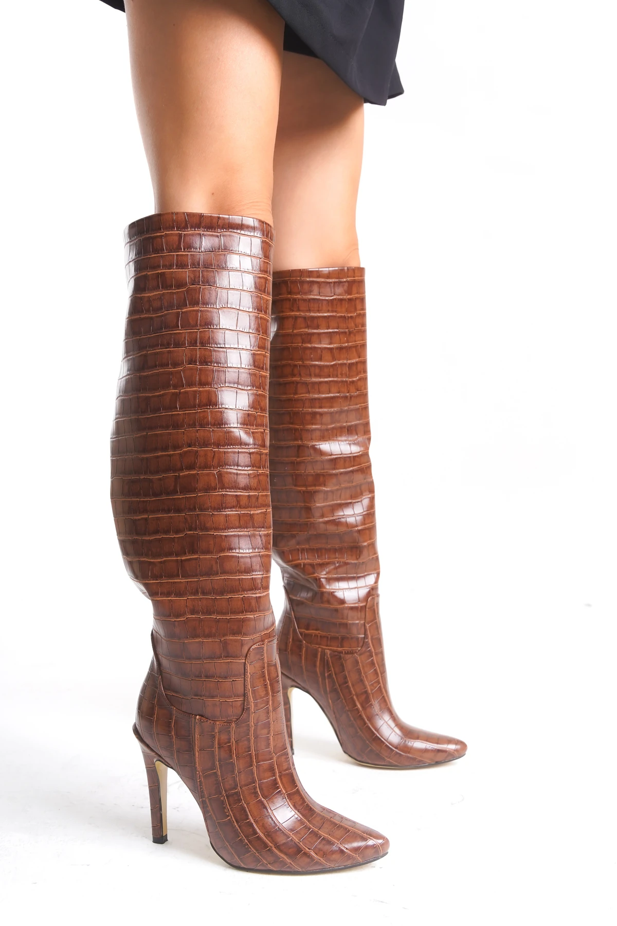 İnce Yüksek Topuklu Rugan Acı Kahve Diz Üstü Kadın Uzun Çizme