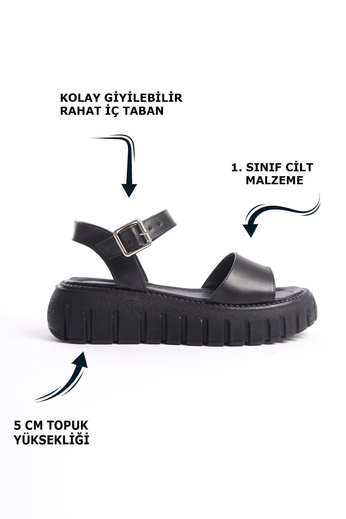 Yüksek Yumuşak Taban Tokalı Kalın Şeritli  Yazlık Sandalet