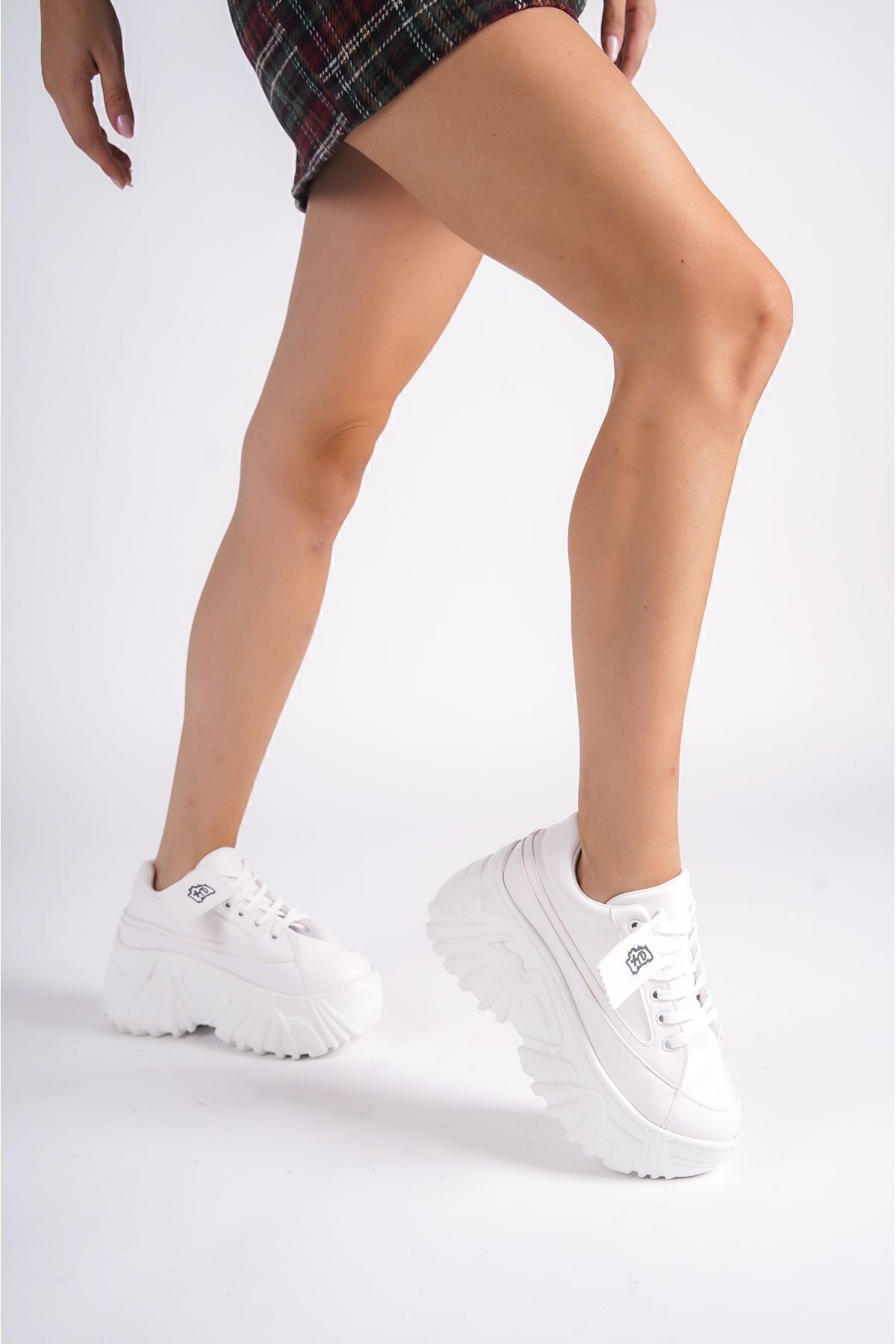 Bağcıklı Yüksek Taban Cilt Günlük Kadın Fileli Sneaker Spor Ayakkabı - beyaz kapalı
