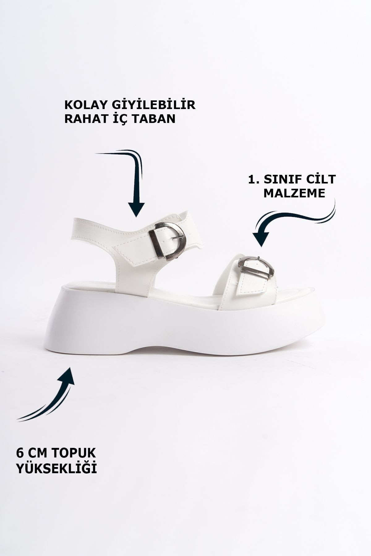 Beyaz Yüksek Taban Şeritli Çift Tokalı Kalın Şeritli Kadın Dolgu Topuklu Yazlık Sandalet