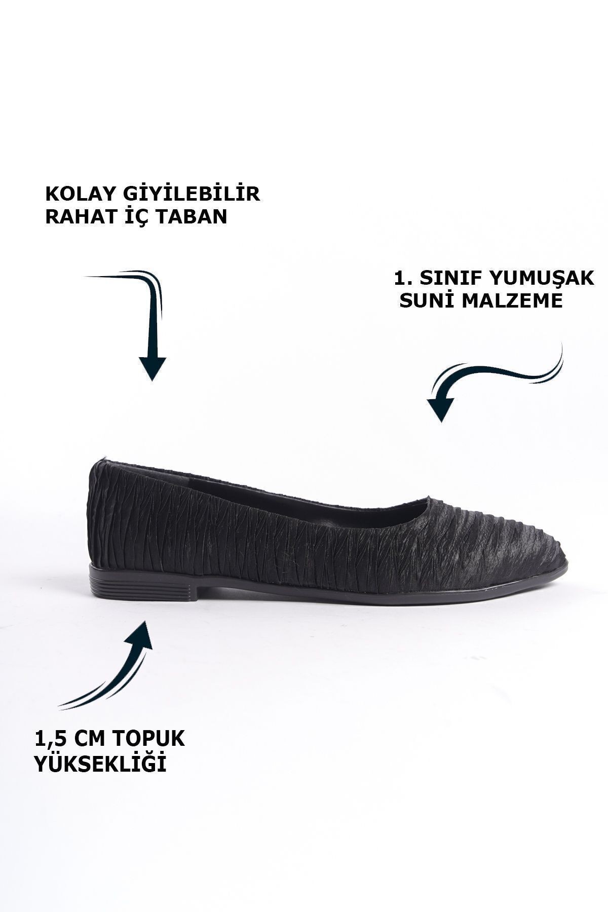 Parlak Kırışık Kumaşlı Alçak Tabanlı Günlük Kadın Babet Ayakkabı